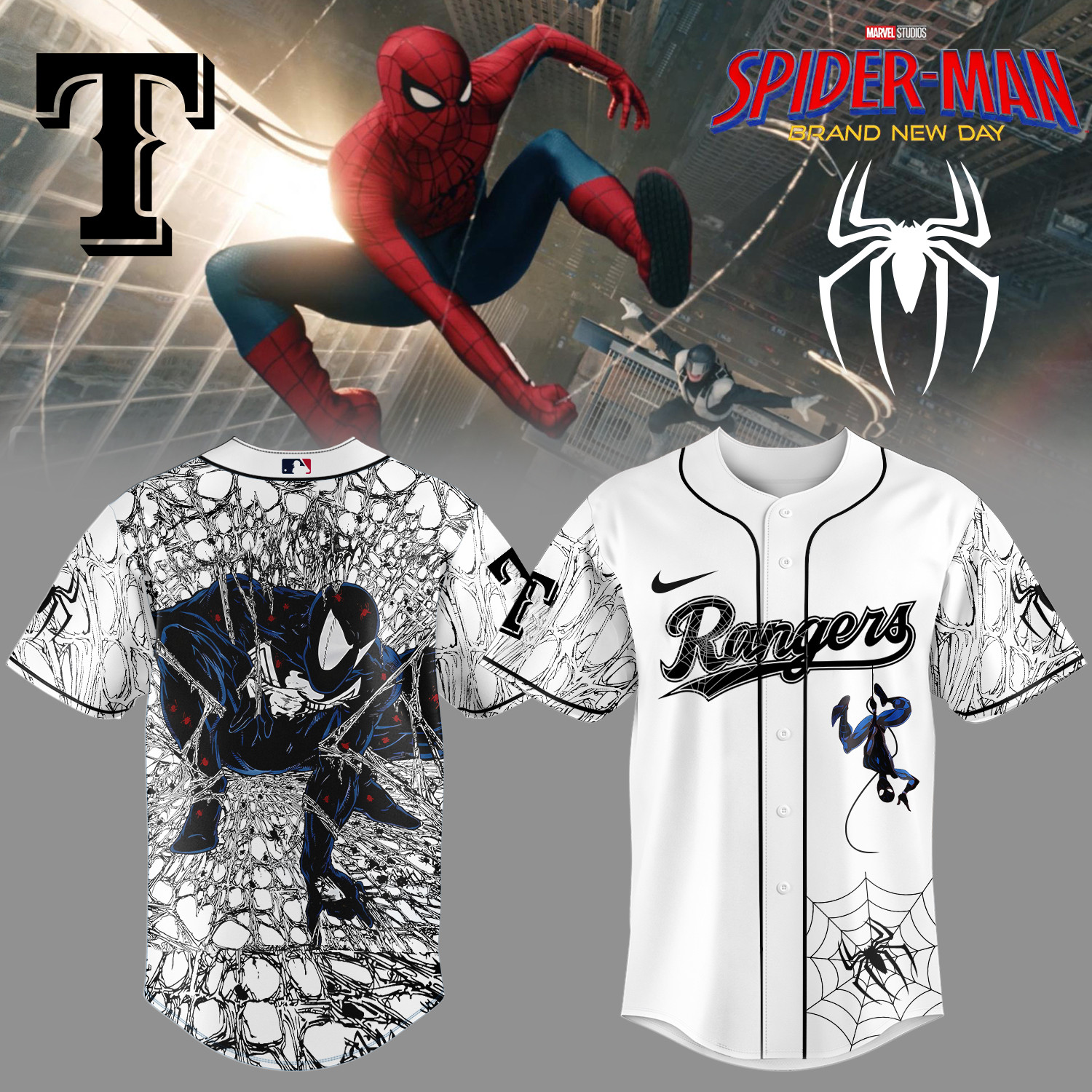 Rangers x Spider Man Baseball Jersey 2026 MLB Playoffs Shirt Present Idea For Fans