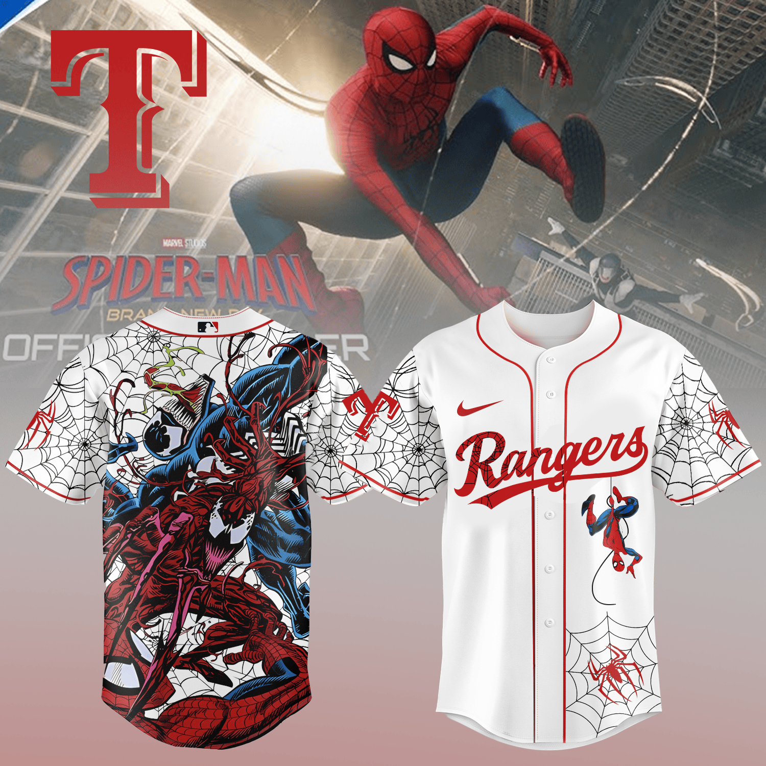 Rangers x Spider Man Baseball Jersey Marvel MLB Rangers Graphic Tee Baseball Gear