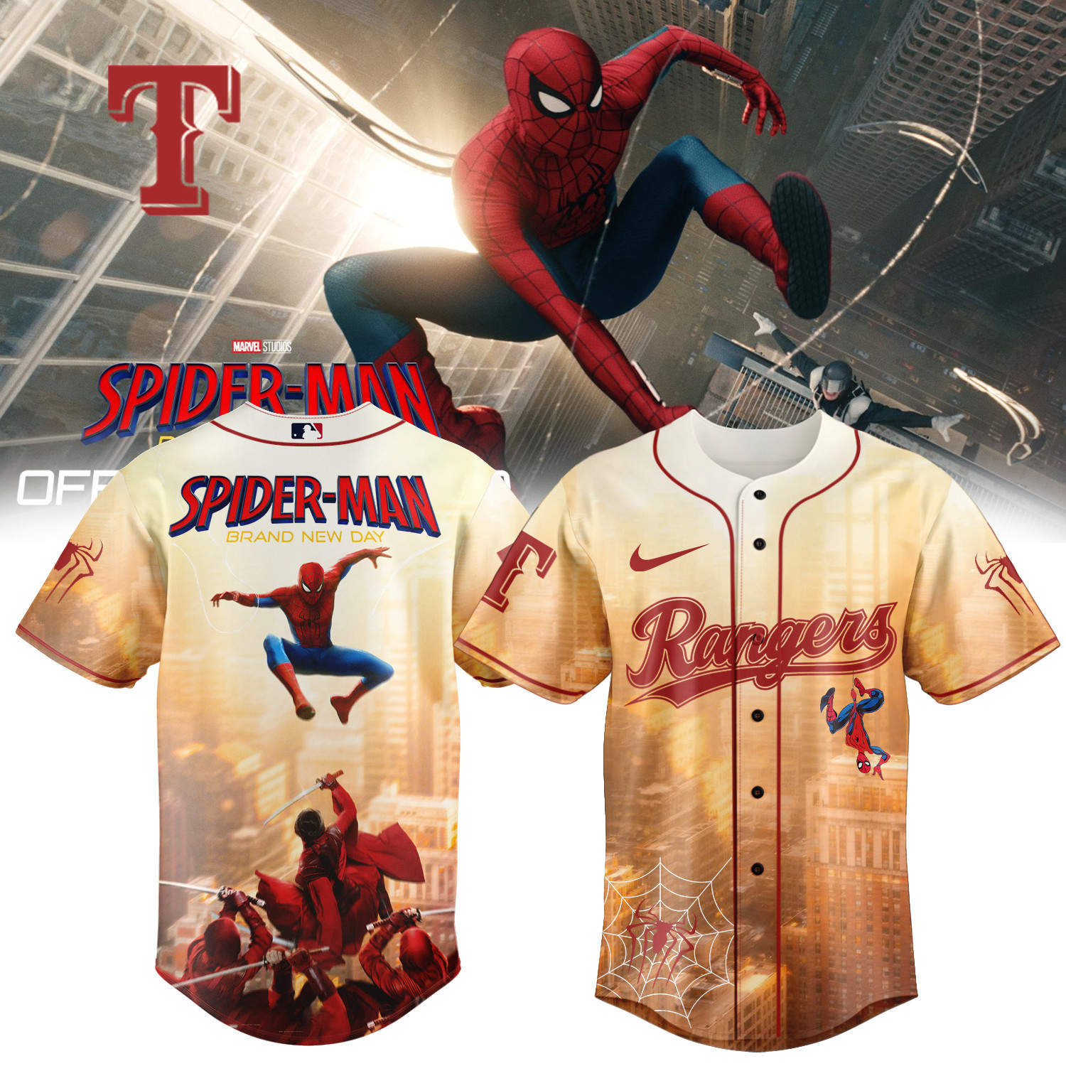 Rangers x Spider Man Baseball Jersey Marvel MLB Rangers Graphic Tee Best Gift For Fans