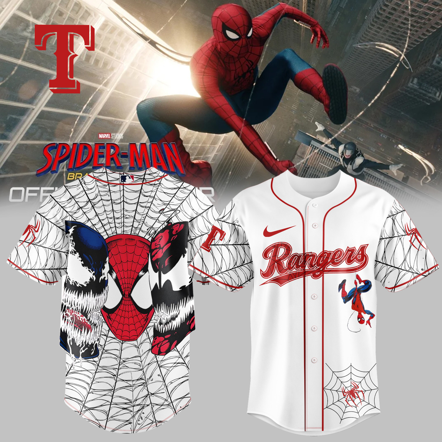 Rangers x Spider Man Baseball Jersey Marvel MLB Rangers Graphic Tee Good Gift For Fans