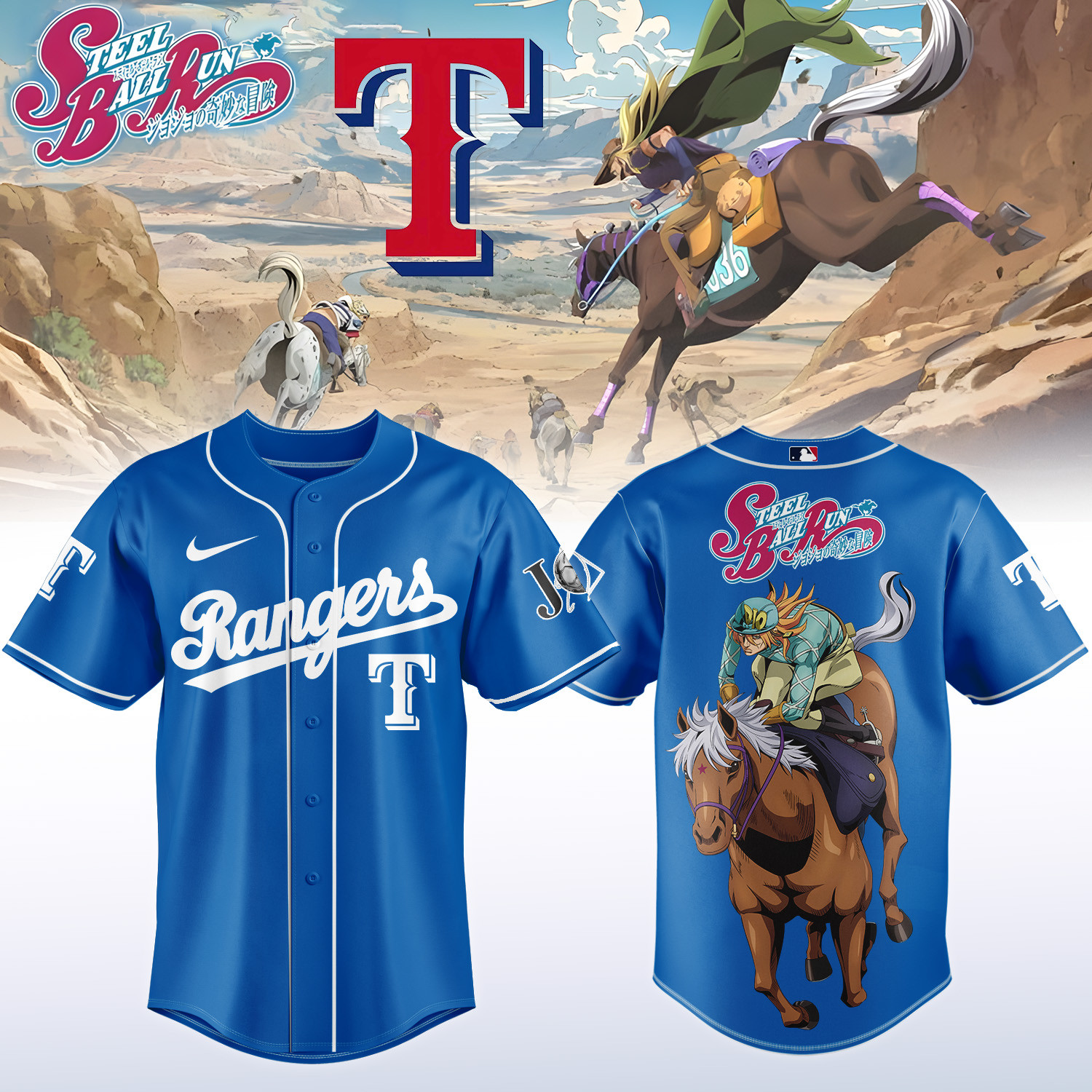 Rangers x Steel Ball Run Baseball Jersey Baseball Clothes Steel Ball Run MLB Playoffs Gear