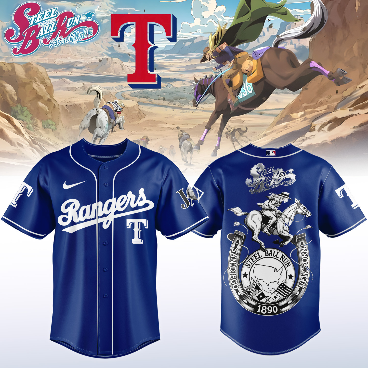 Rangers x Steel Ball Run Baseball Jersey Gyro Zeppeli Horseback Graphic Tee Best Fan Gear