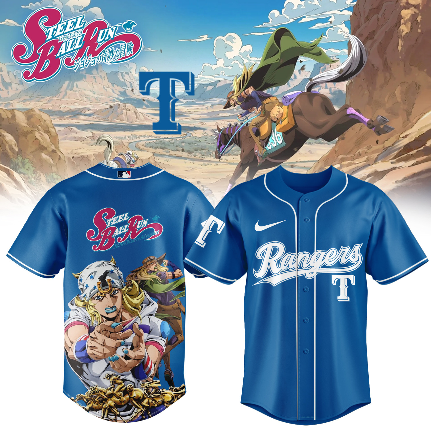 Rangers x Steel Ball Run Baseball Jersey Steel Ball Run MLB Playoffs Merch Game Day Gear