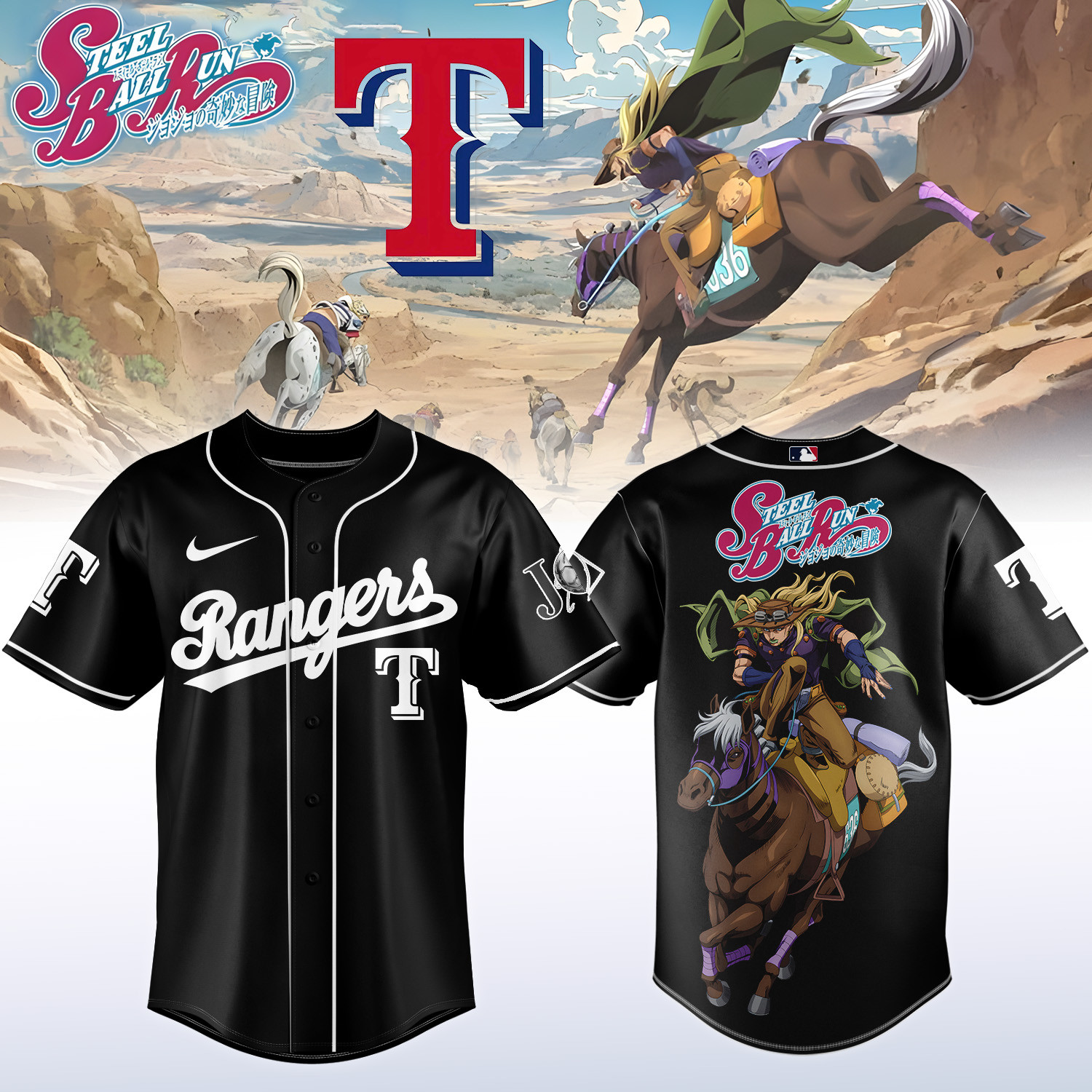 Rangers x Steel Ball Run Baseball Jersey Steel Ball Run MLB Playoffs Merch Good Gift For Father's Day