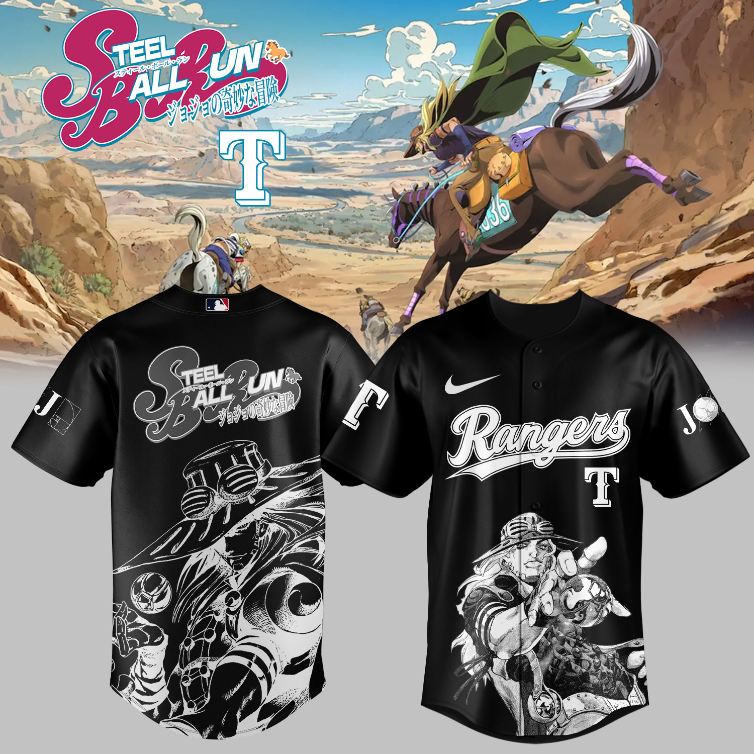 Rangers x Steel Ball Run Baseball Jersey Steel Ball Run MLB Playoffs Merch Present For Best Friends