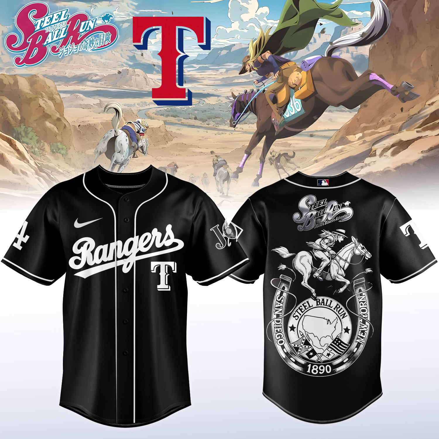 Rangers x Steel Ball Run Baseball Jersey Steel Ball Run MLB Playoffs Merch Unique Fans Gear