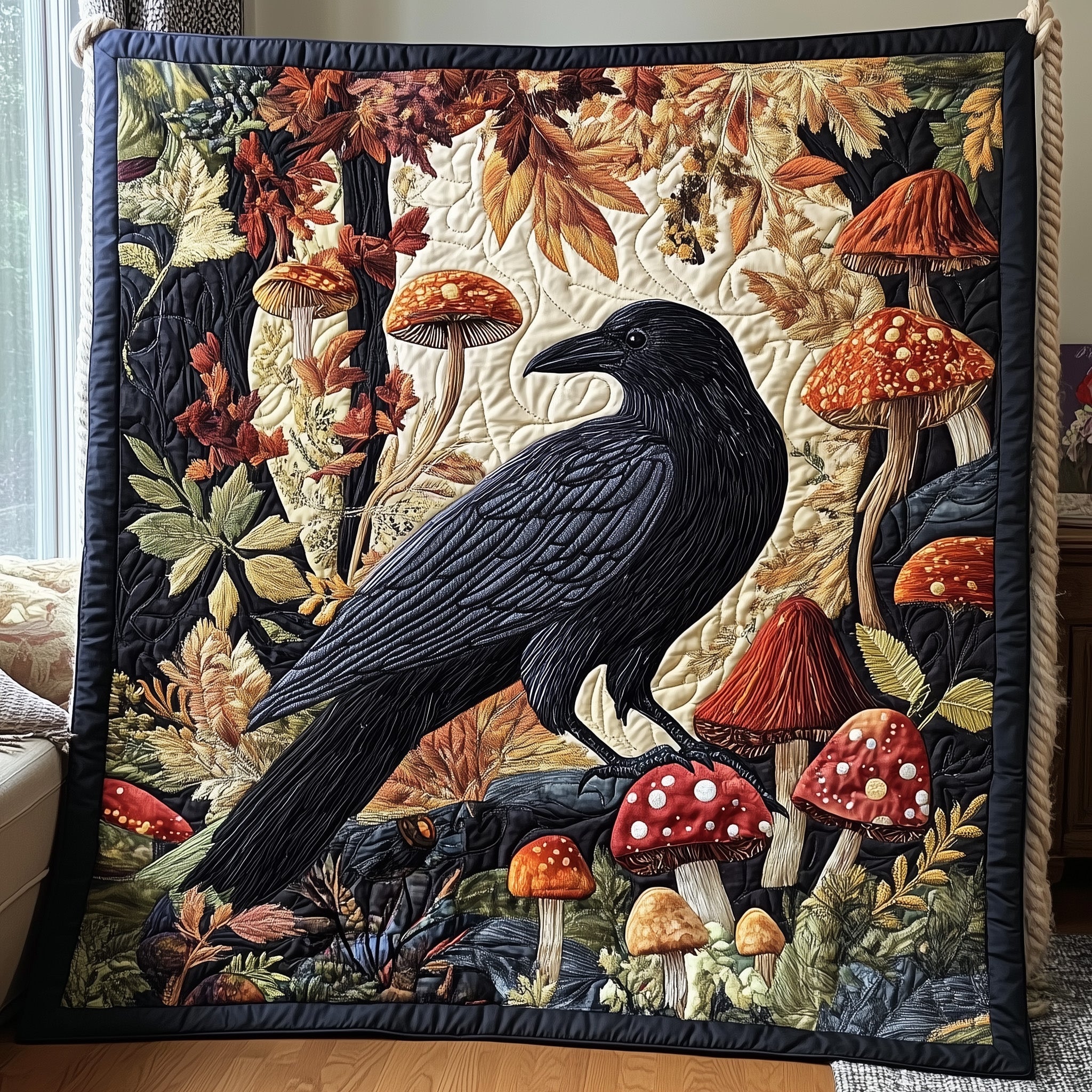 Raven Enchanted Woods Quilted Blanket Merchandise Throw BlanketGifts For Mushroom Growers
