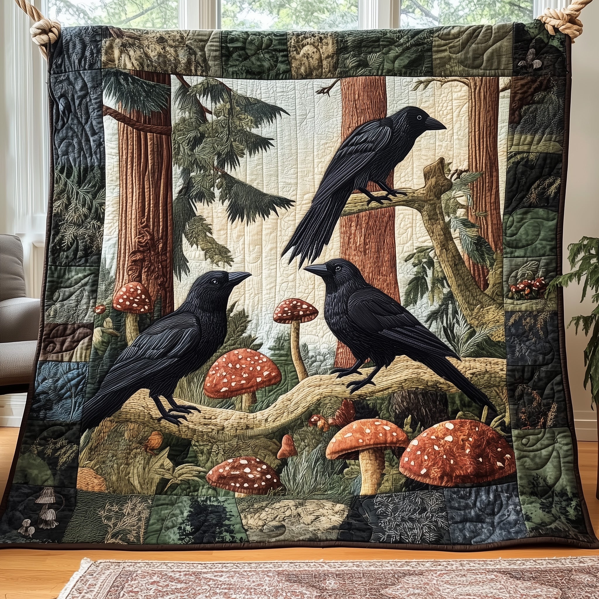 Raven Enchanted Woods Quilted Blanket Merchandise Throw BlanketMushroom Gifts For Him