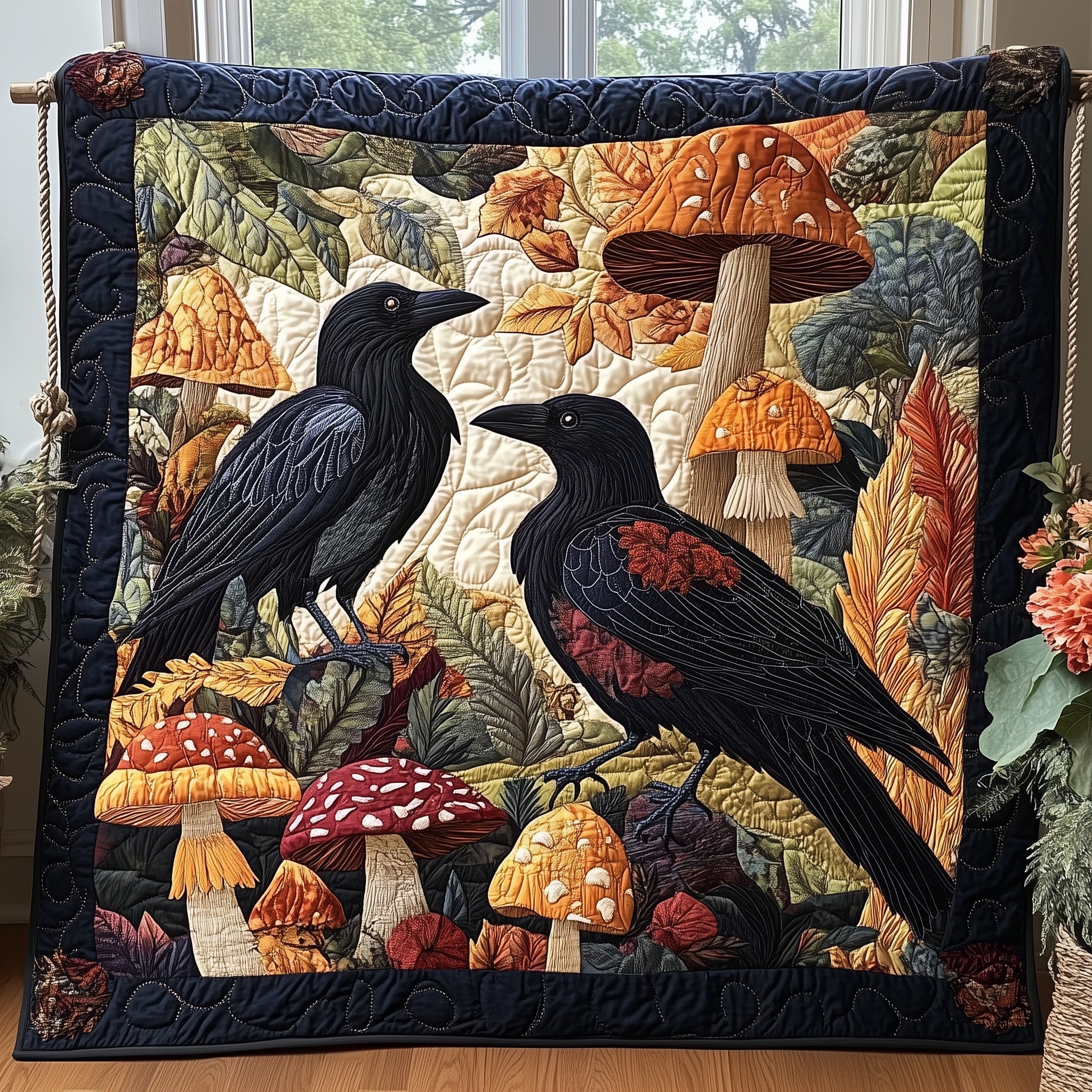 Raven Enchanted Woods Quilted Blanket Merchandise Throw BlanketPresents For Mushroom Lovers