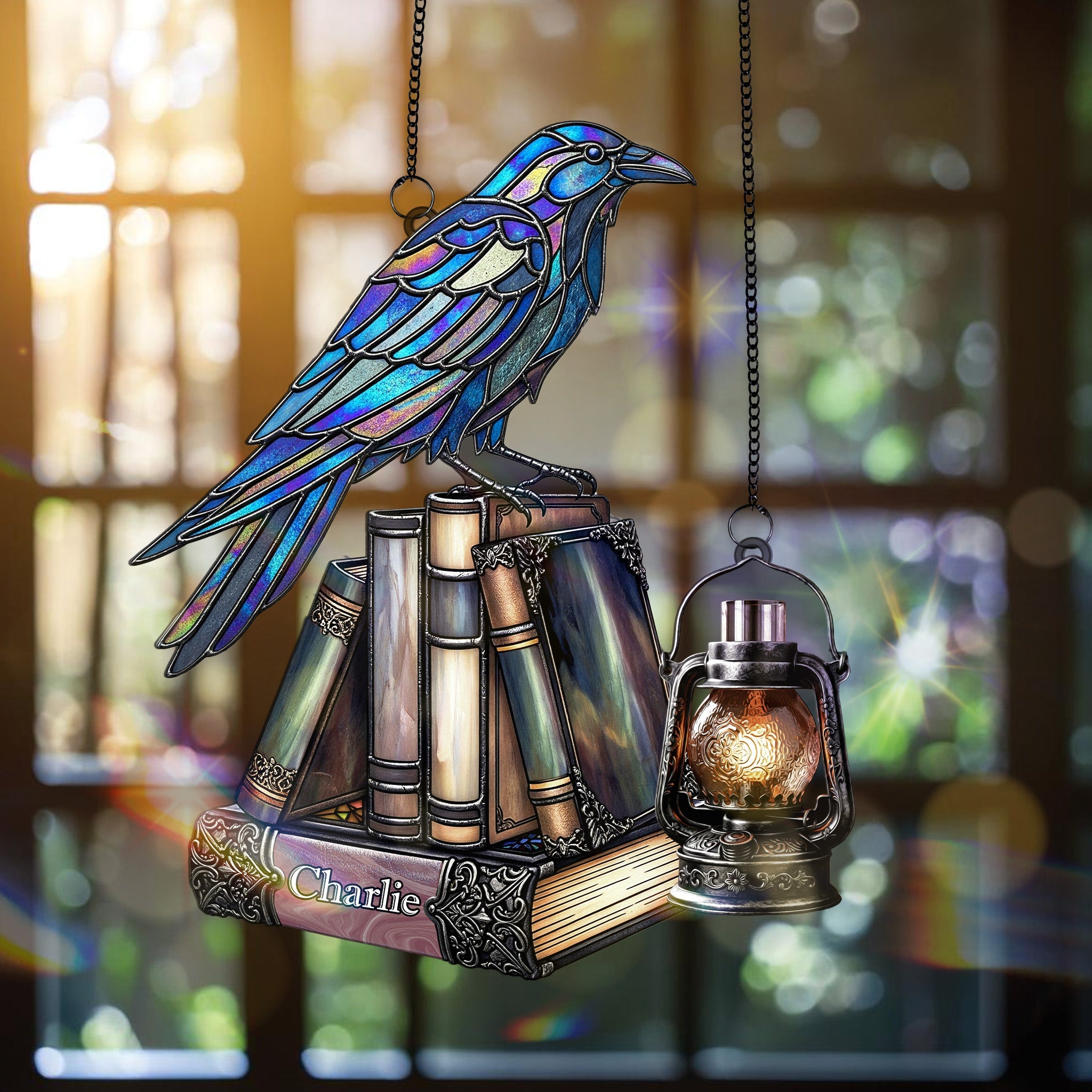 Raven on Books Gothic Suncatcher Ornament - Personalized Gifts For Book Lover - Holiday Season Gift Idea