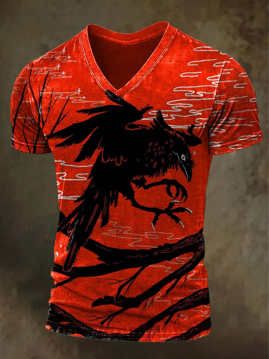 Raven On Tree Branch V-Neck Shirt Spooky Clothing Halloween Presents Ideas For Adults