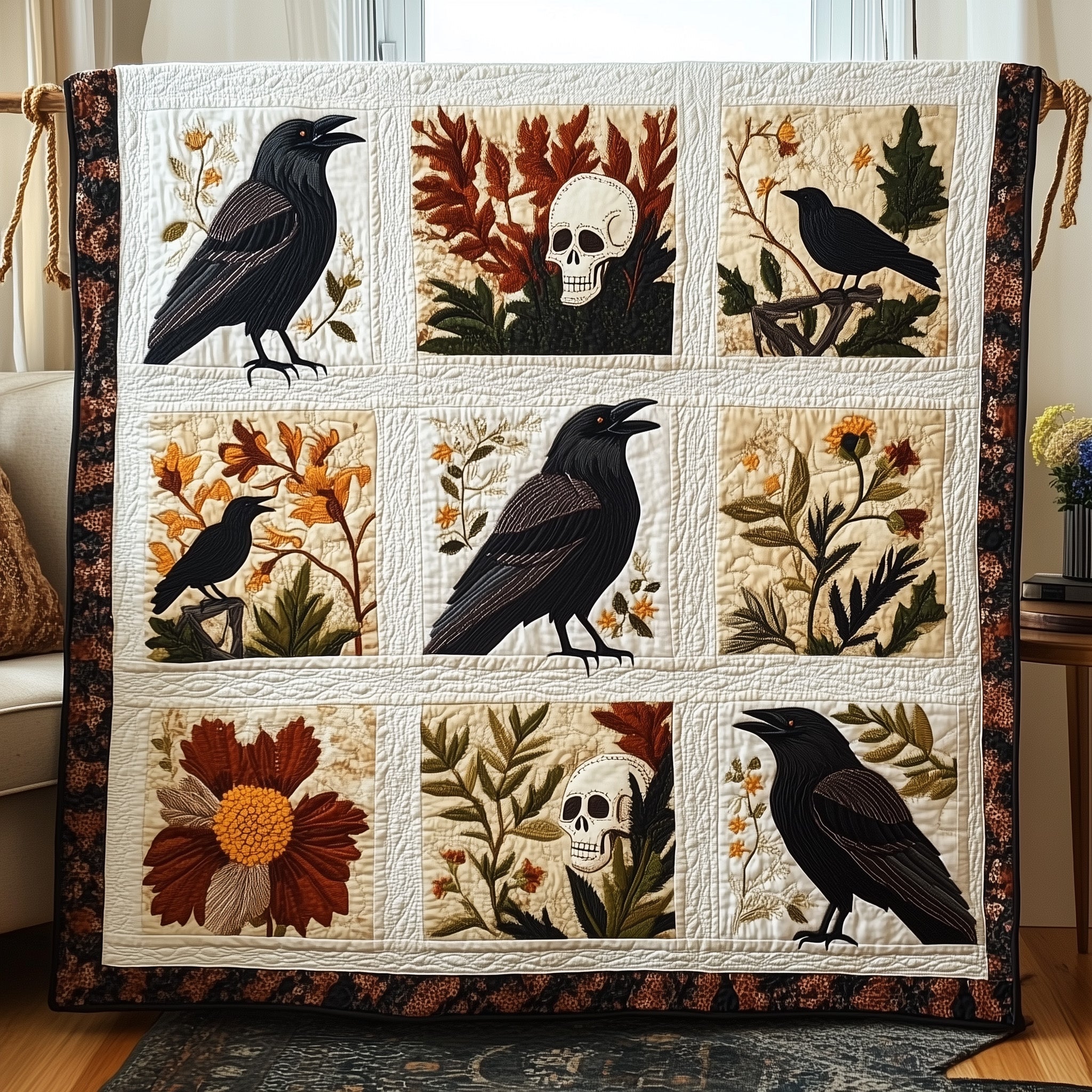 Raven Quilted Blanket Merchandise Throw BlanketSkull Items For Gifts