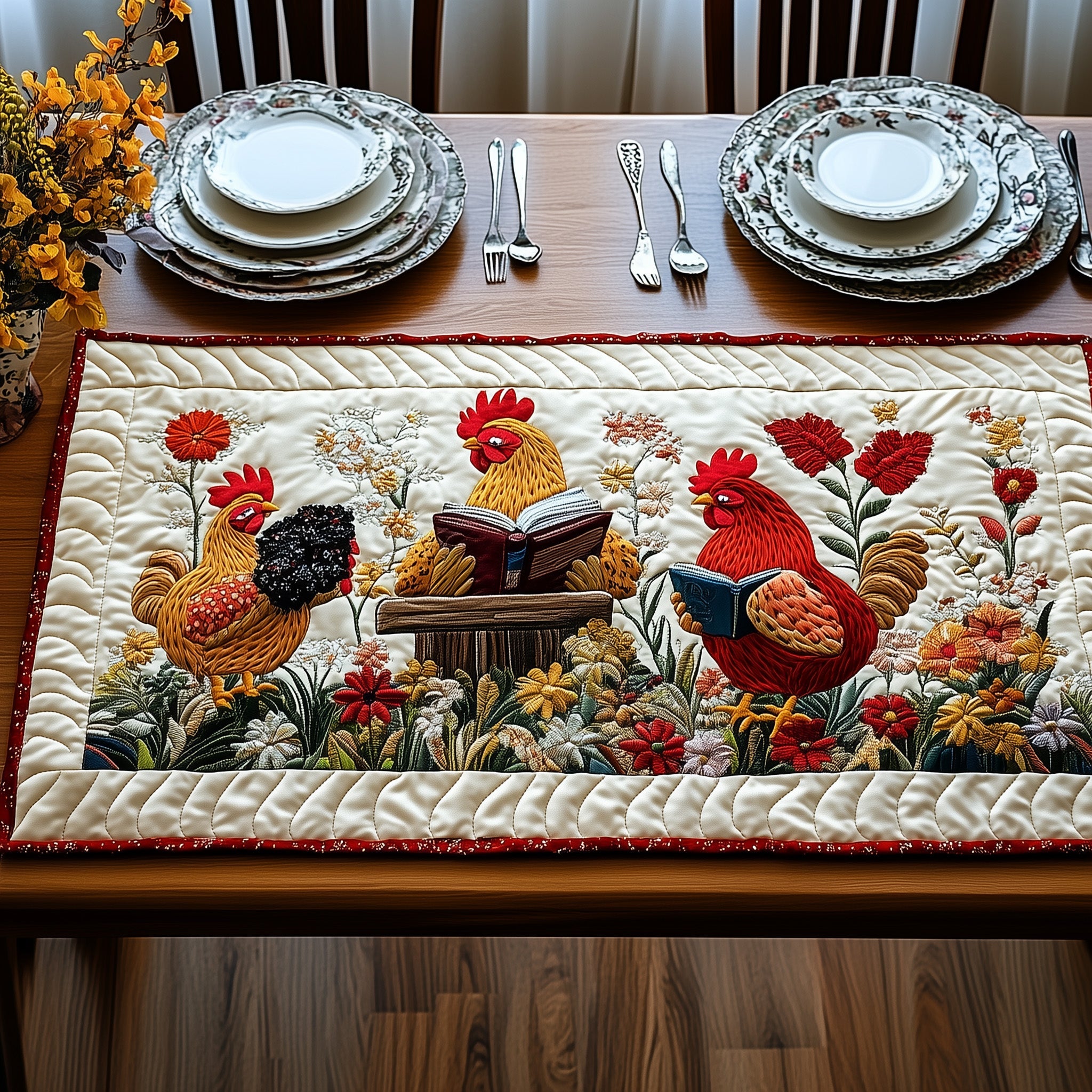 Reading Chicken Quilted Table Runner Cozy Winter Table Runner for Home
