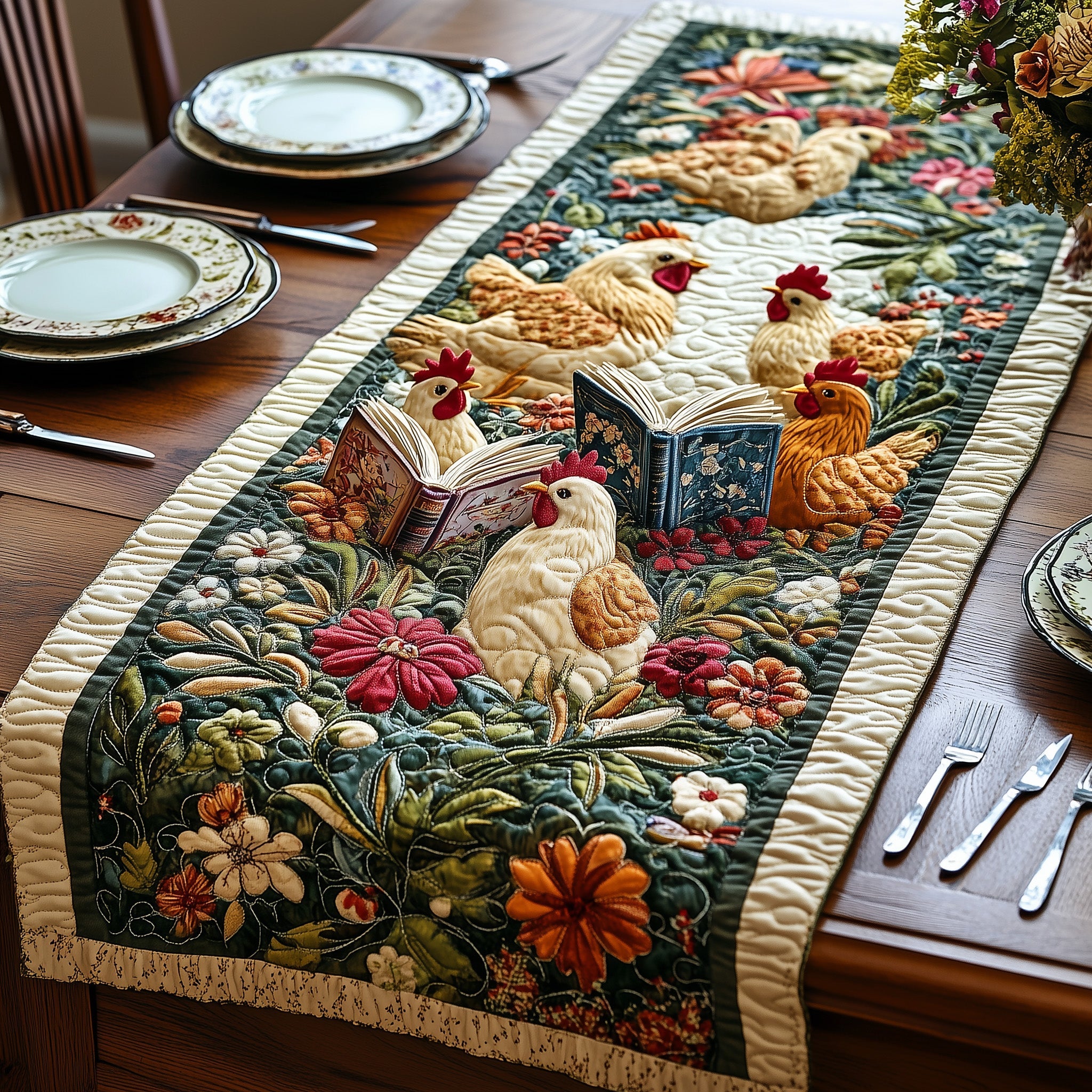 Reading Chicken Quilted Table Runner Holiday Party Table Runner