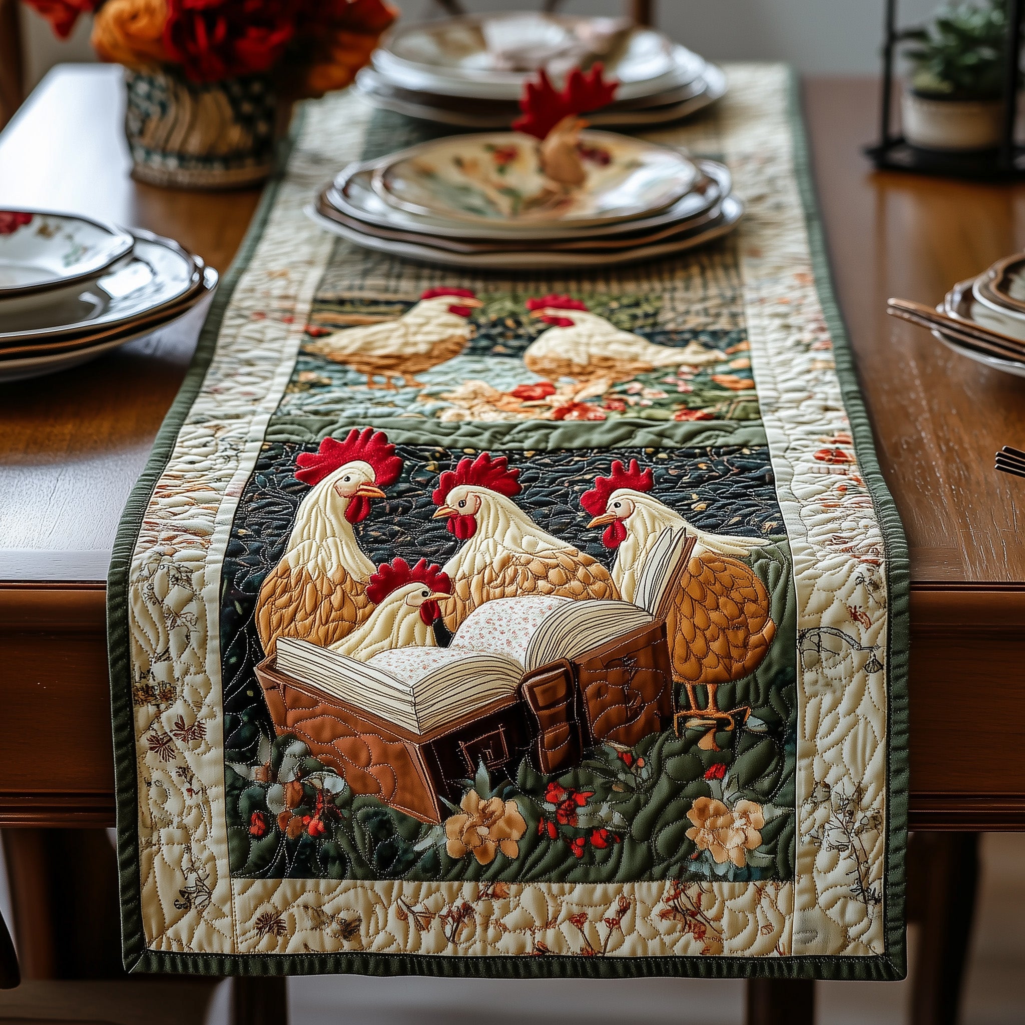 Reading Chicken Quilted Table Runner Seasonal Table Runner for Holidays