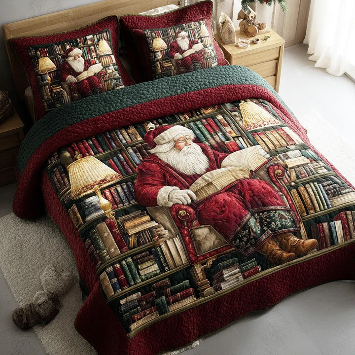Reading Santa 3-Piece Quilted Bedding Set Christmas Book Lover Bedspread Best Xmas Gift Ideas
