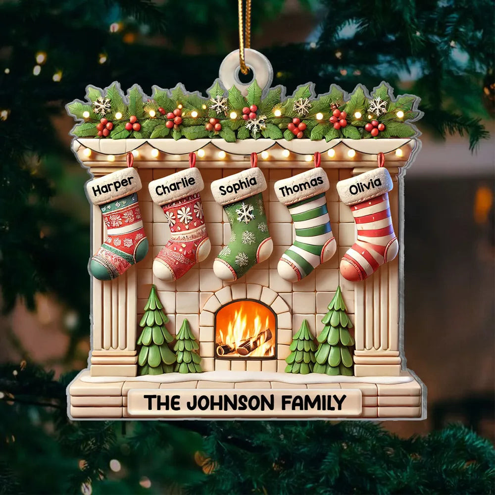 Realistic Family Christmas Stockings On Mantel 3D Effect Personalized Acrylic Ornament Custom Name Family Members Ornament