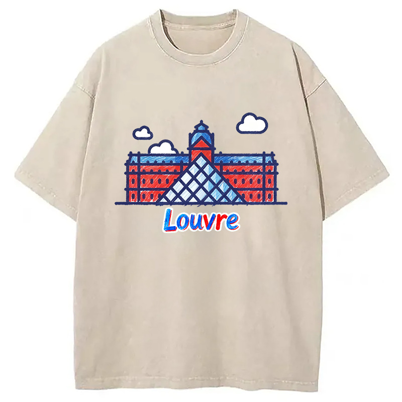 Red And Blue Louvre Washed T-Shirt Funny Graphic Gift For Friends Gifts For Him