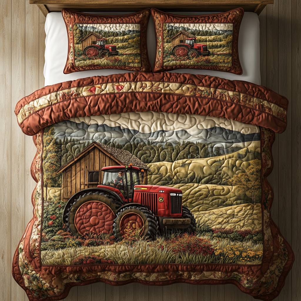 Red Barn Tractor Quilted Bedding Set Bedroom Decor Unique Tractor Gifts