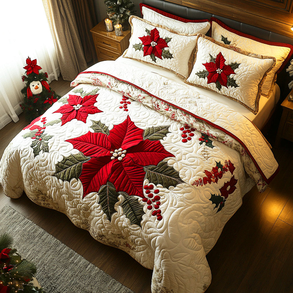 Red Bloom Quilted Bedding Set Holiday Duvet Cover Set Family Xmas Ideas
