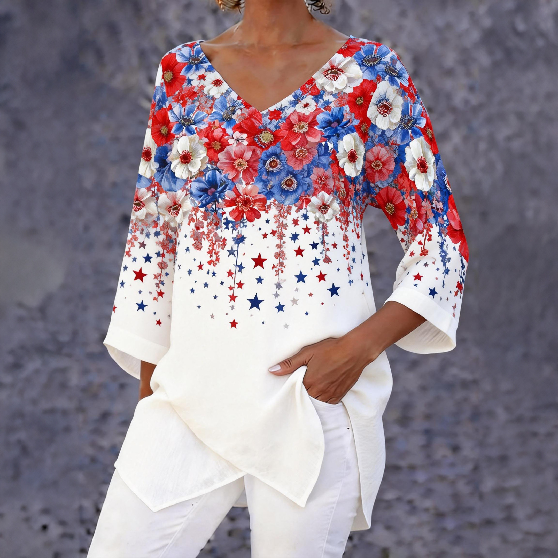 Red Blue White Floral V-Neck Ling Sleeve Shirt Best 4th Of July Clothing Line Patriotic Mom Gifts