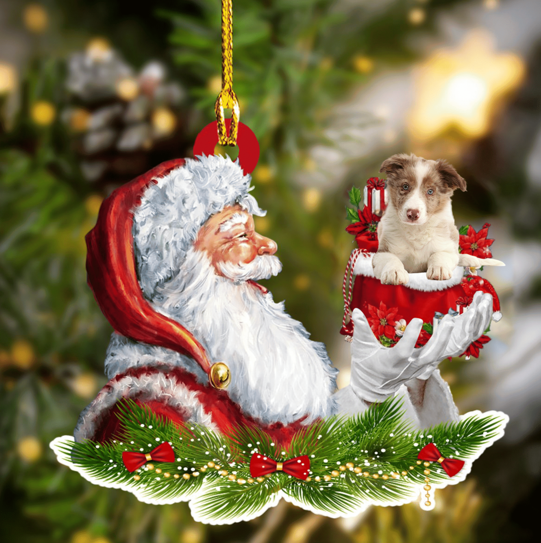 Red Border Collie and Santa Christmas Ornament for Dog Lovers Dog Mom Acrylic Dog Ornament