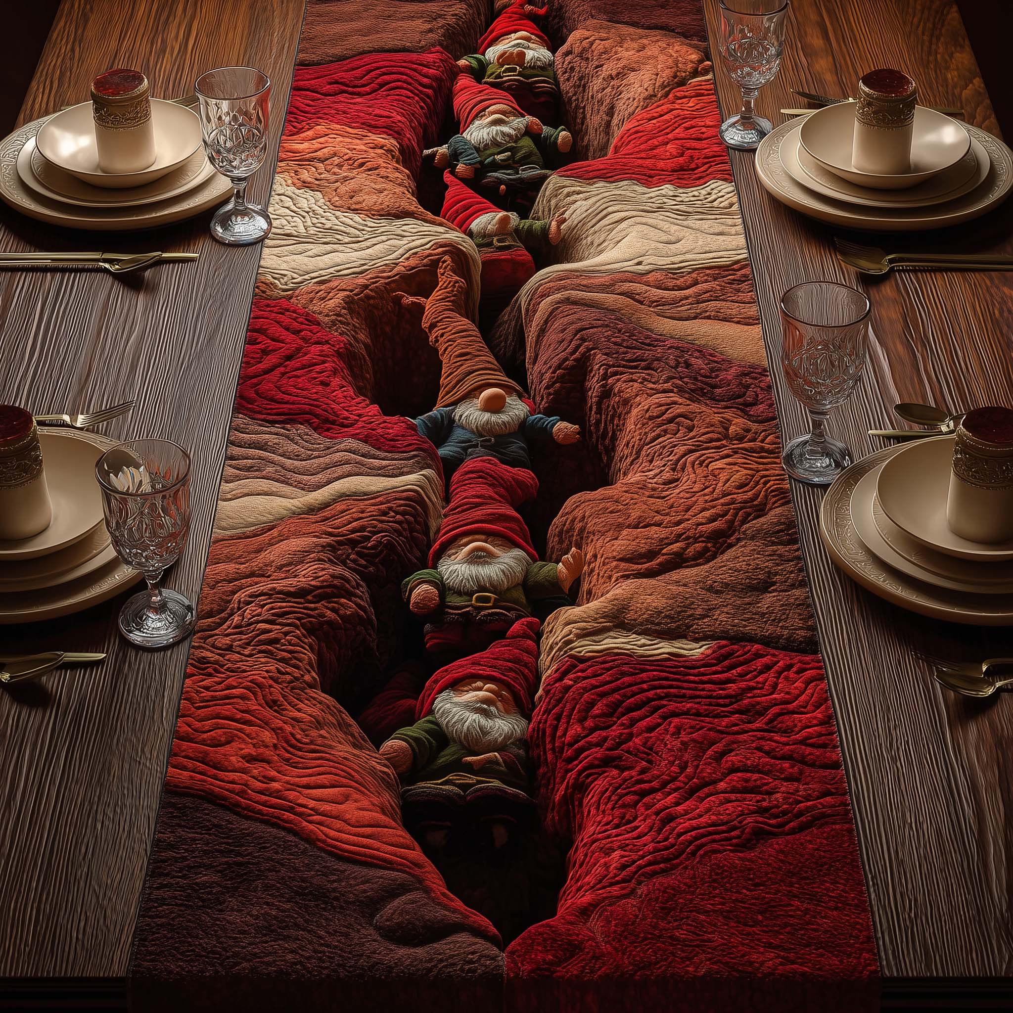 Red Canyon Gnomes Quilted Table Runner Farmhouse Dining Room Decor Gift For Home