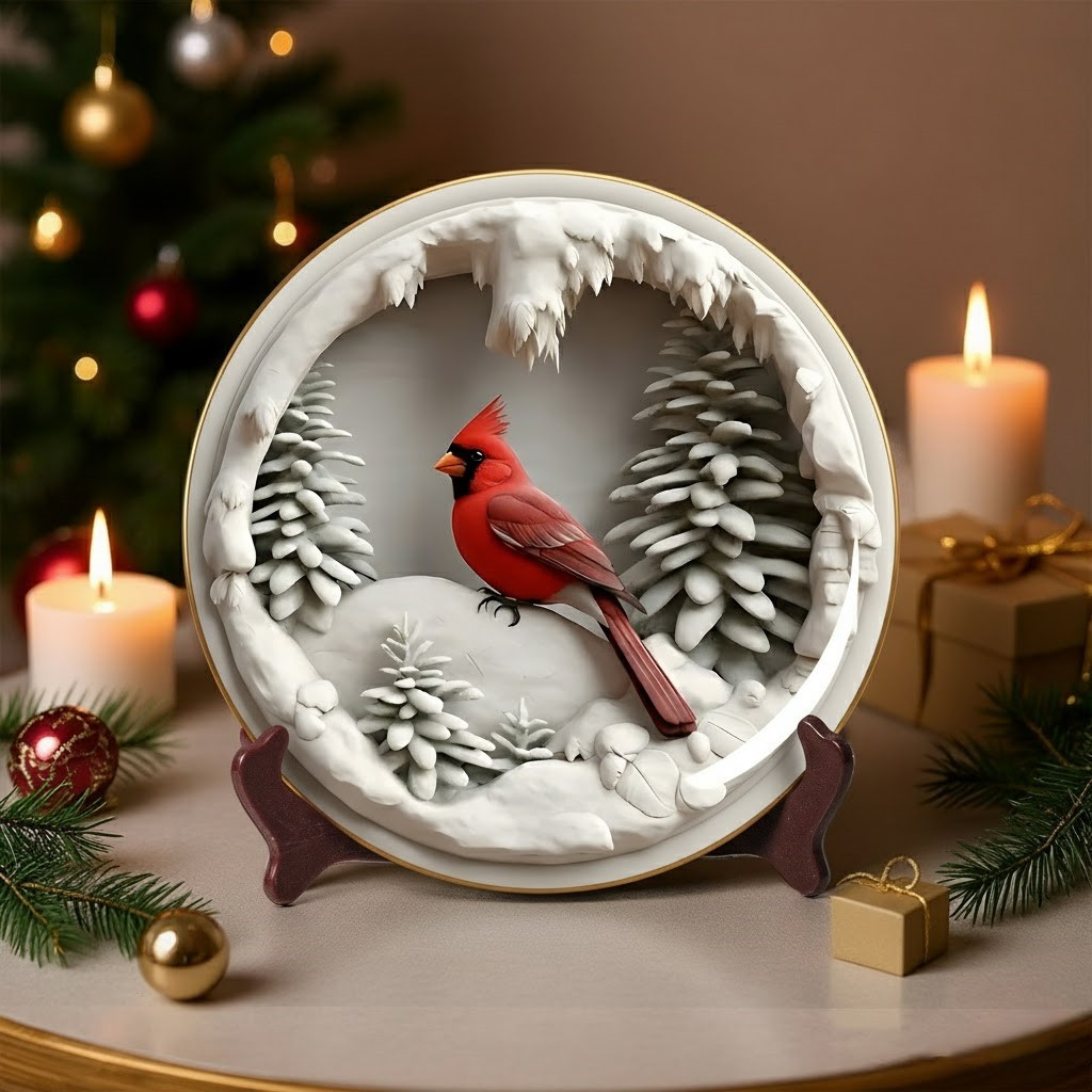 Red Cardinal Bird In Snow Forest Christmas Ceramic Plate Living Room Decor Peaceful Gifts