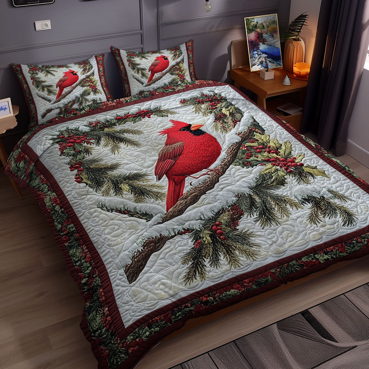 Red Cardinal Christms Holiday Xmas Quilted Bedding Set Christmas Gifts For New Moms