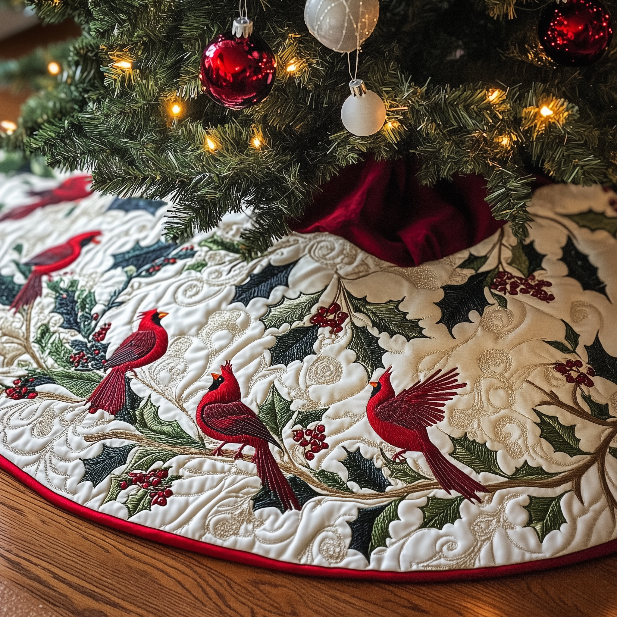 Red Cardinal Quilted Tree Skirt Holiday Gift Merch