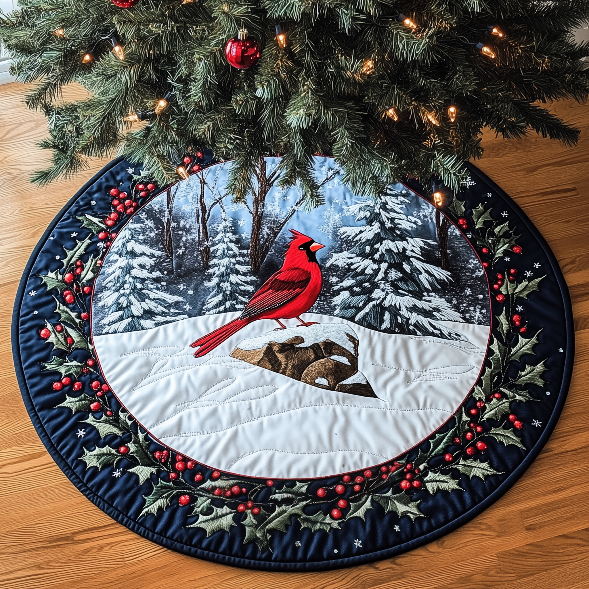 Red Cardinal Quilted Tree Skirt  Holiday Tree Skirt Christmas Decorations Cardinal Xmas Gifts