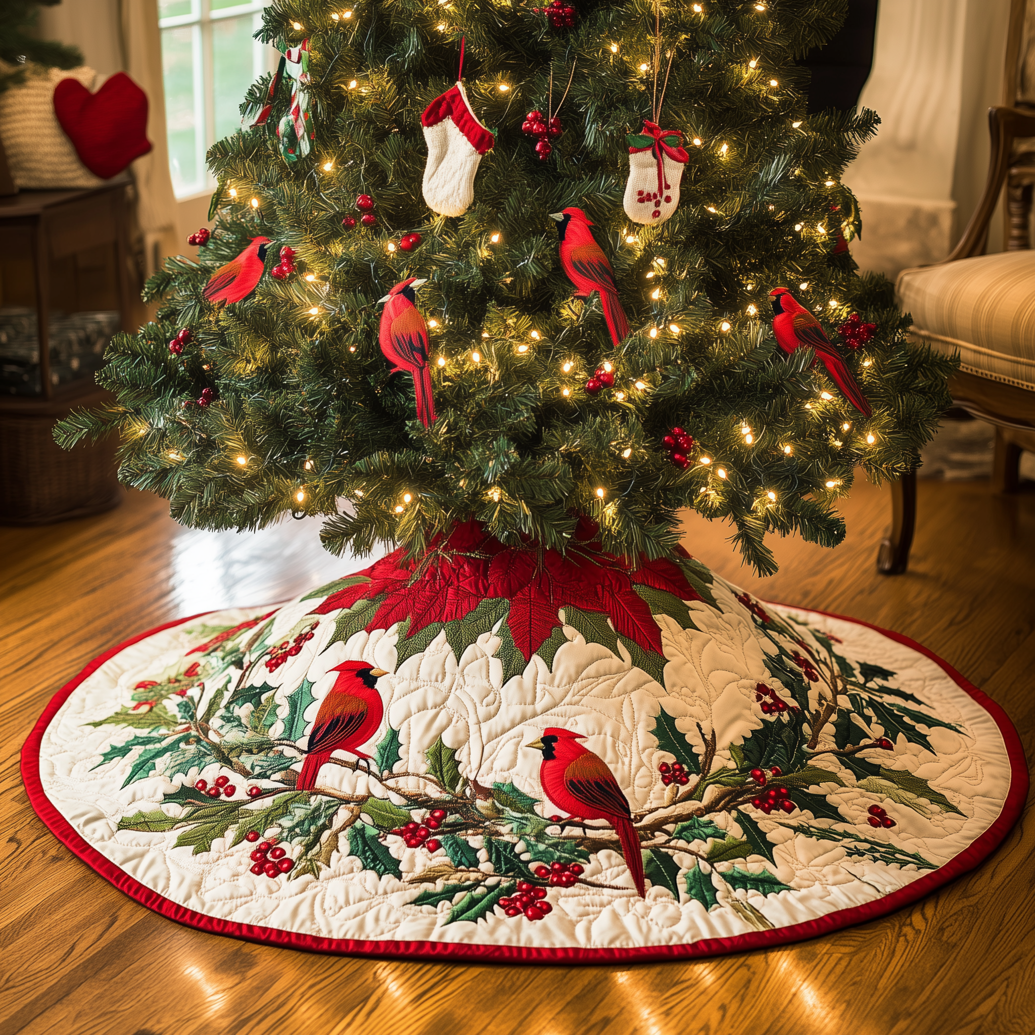 Red Cardinal Quilted Tree Skirt Holiday Tree Skirt Must-Have
