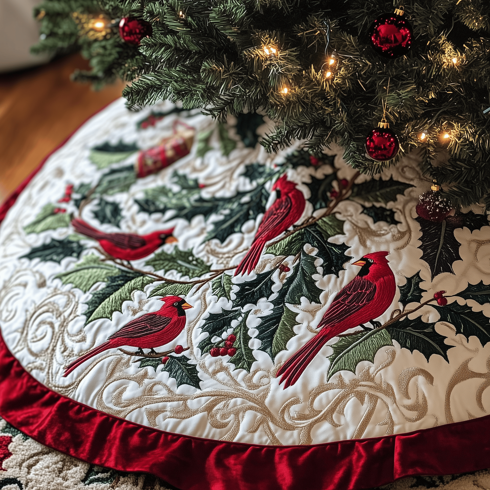 Red Cardinal Quilted Tree Skirt  Holiday Tree Skirt Xmas Indoor Cardinal Christmas Decorations