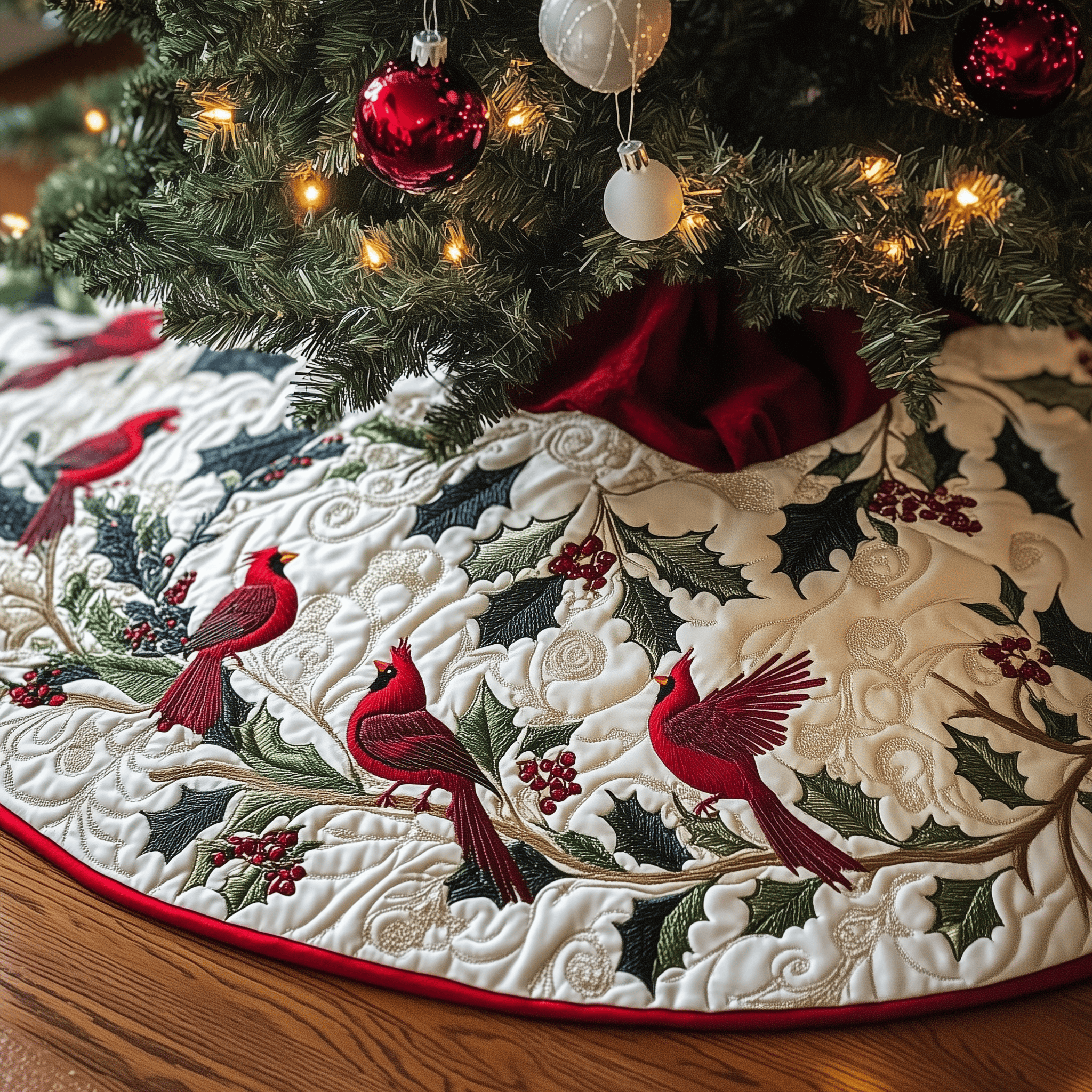 Red Cardinal Quilted Tree Skirt  Holiday Tree Skirt Xmas Indoor Cardinal Christmas Decorations
