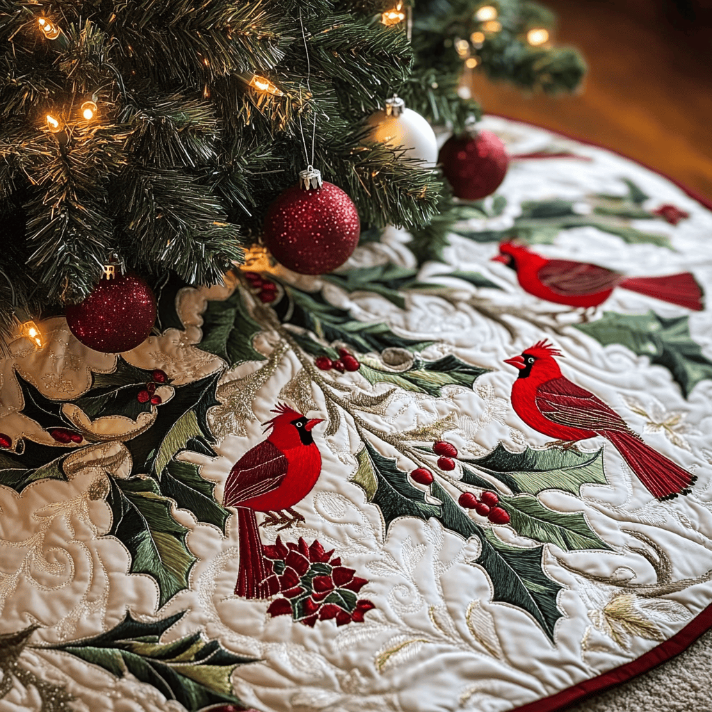 Red Cardinal Quilted Tree Skirt  Holiday Tree Skirt Xmas Indoor Cardinal Christmas Decorations