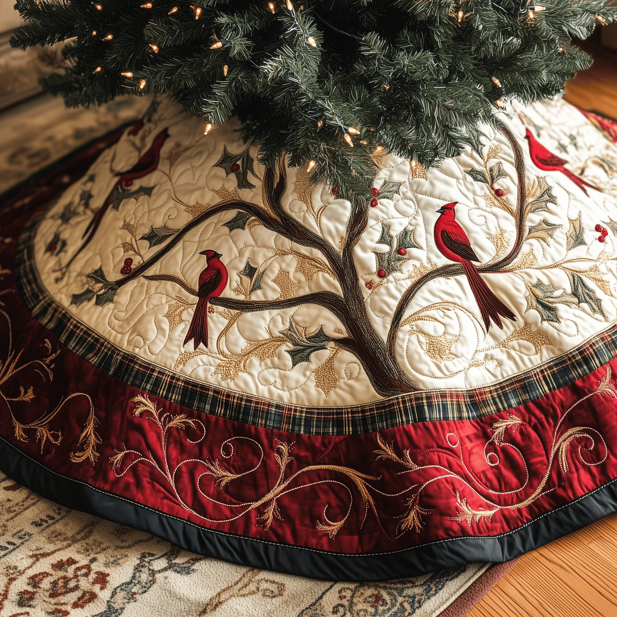 Red Cardinal Quilted Tree Skirt  Holiday Tree Skirt Xmas Indoor Cardinal Christmas Decorations