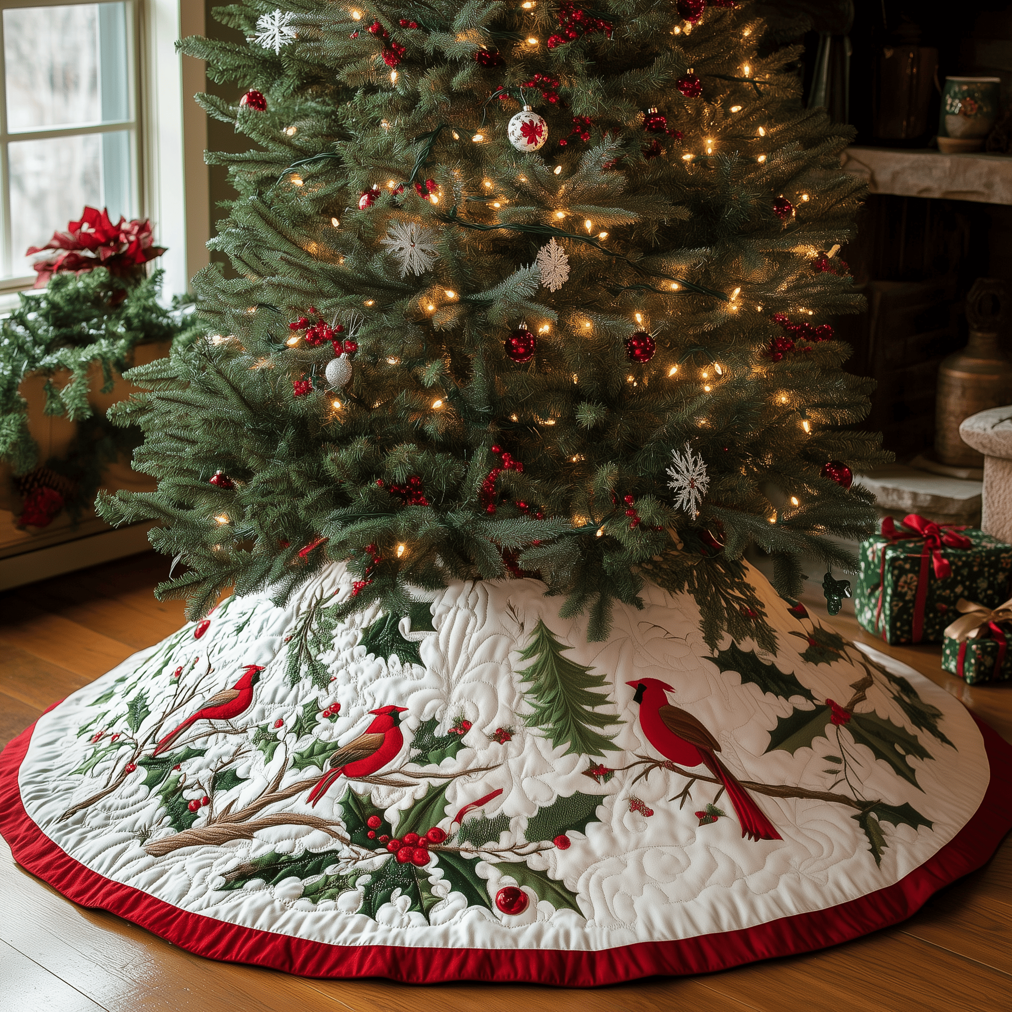 Red Cardinal Quilted Tree Skirt  Holiday Tree Skirt Xmas Indoor Cardinal Christmas Decorations
