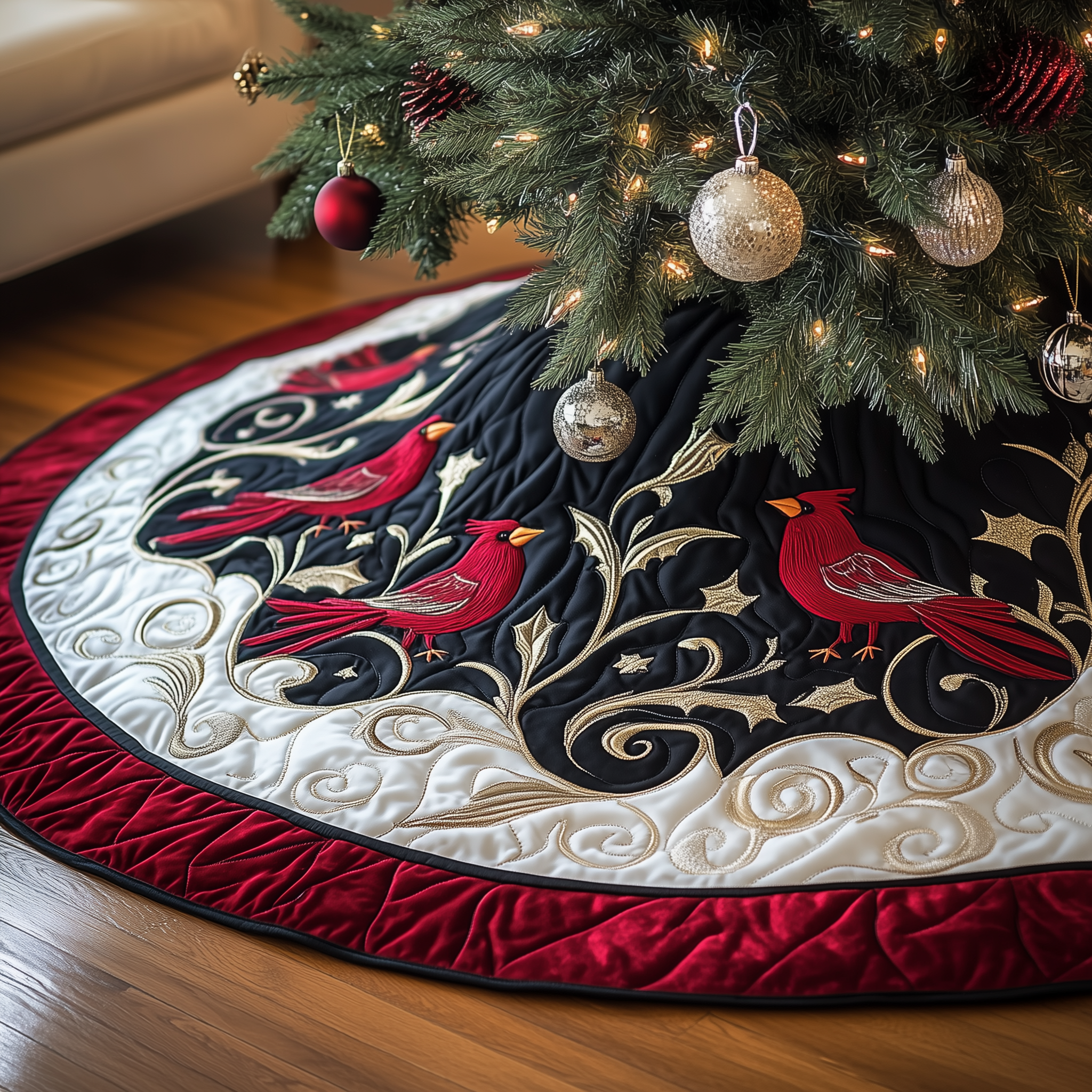 Red Cardinal Quilted Tree Skirt Lovely Gift Merch For Couples