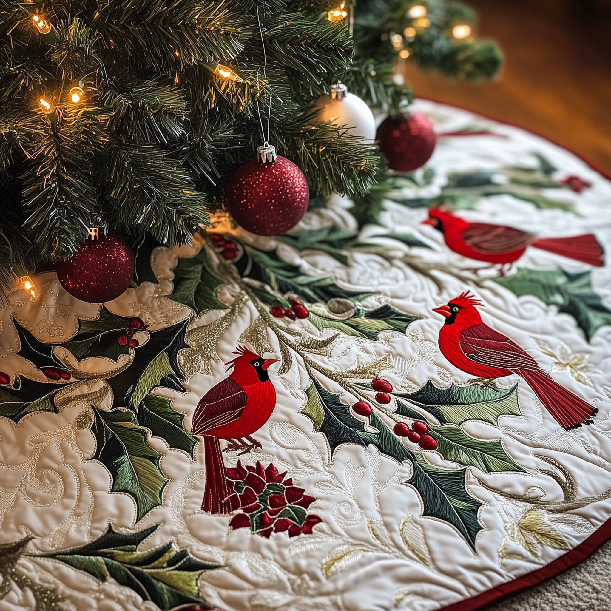 Red Cardinal Quilted Tree Skirt Perfect Christmas Gift Merch