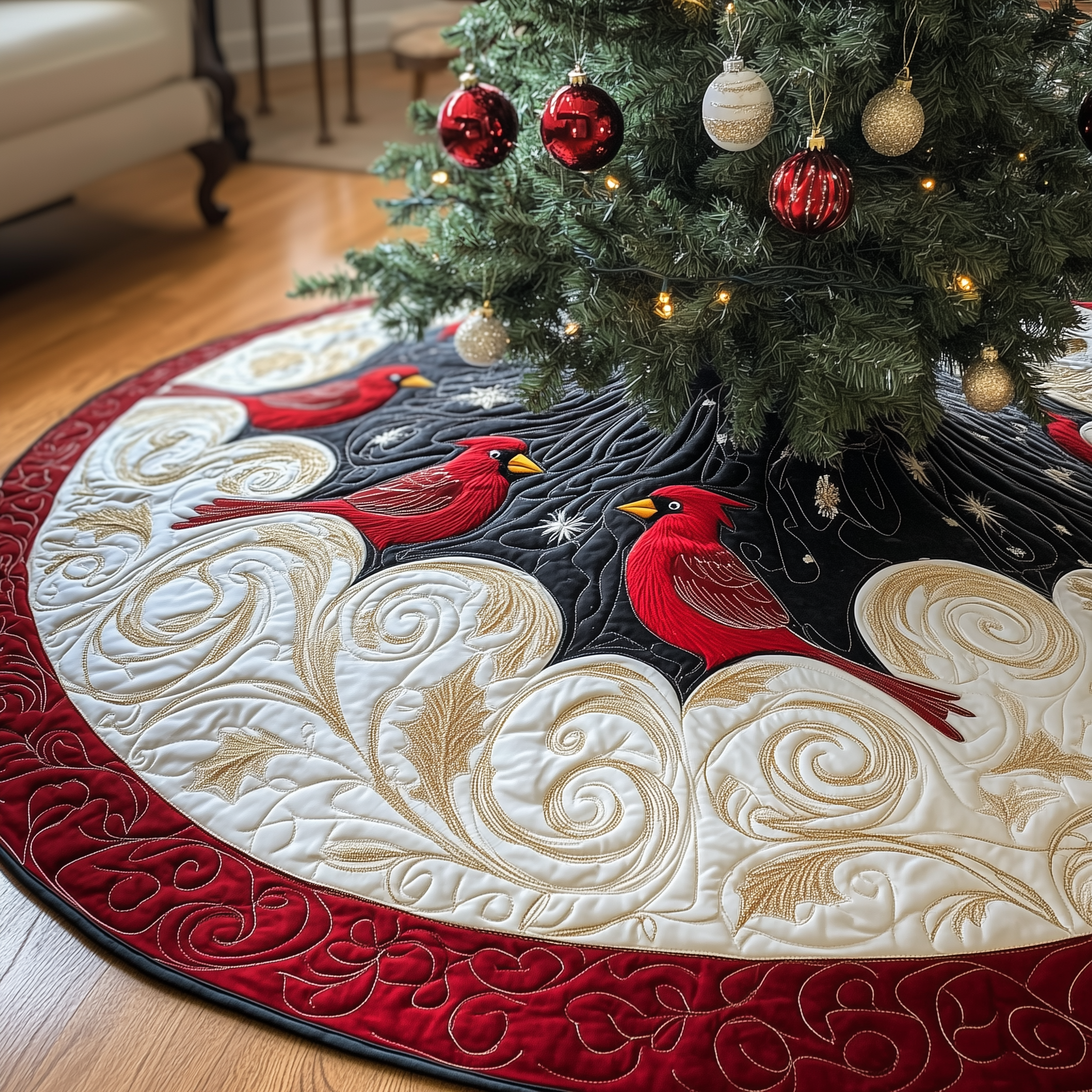 Red Cardinal Quilted Tree Skirt Special Birthday Gift Merch