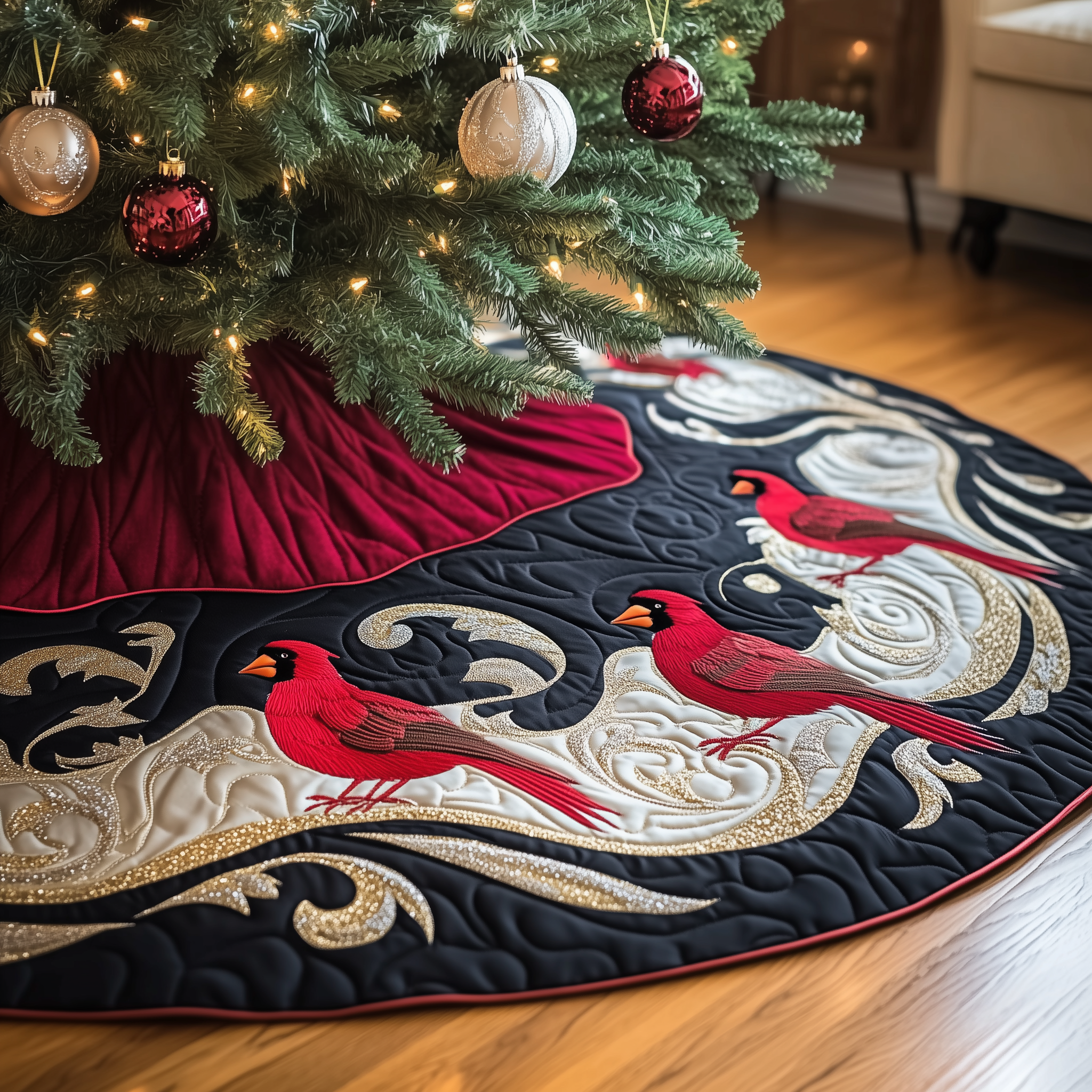 Red Cardinal Quilted Tree Skirt Thoughtful Gift Merch For Dad