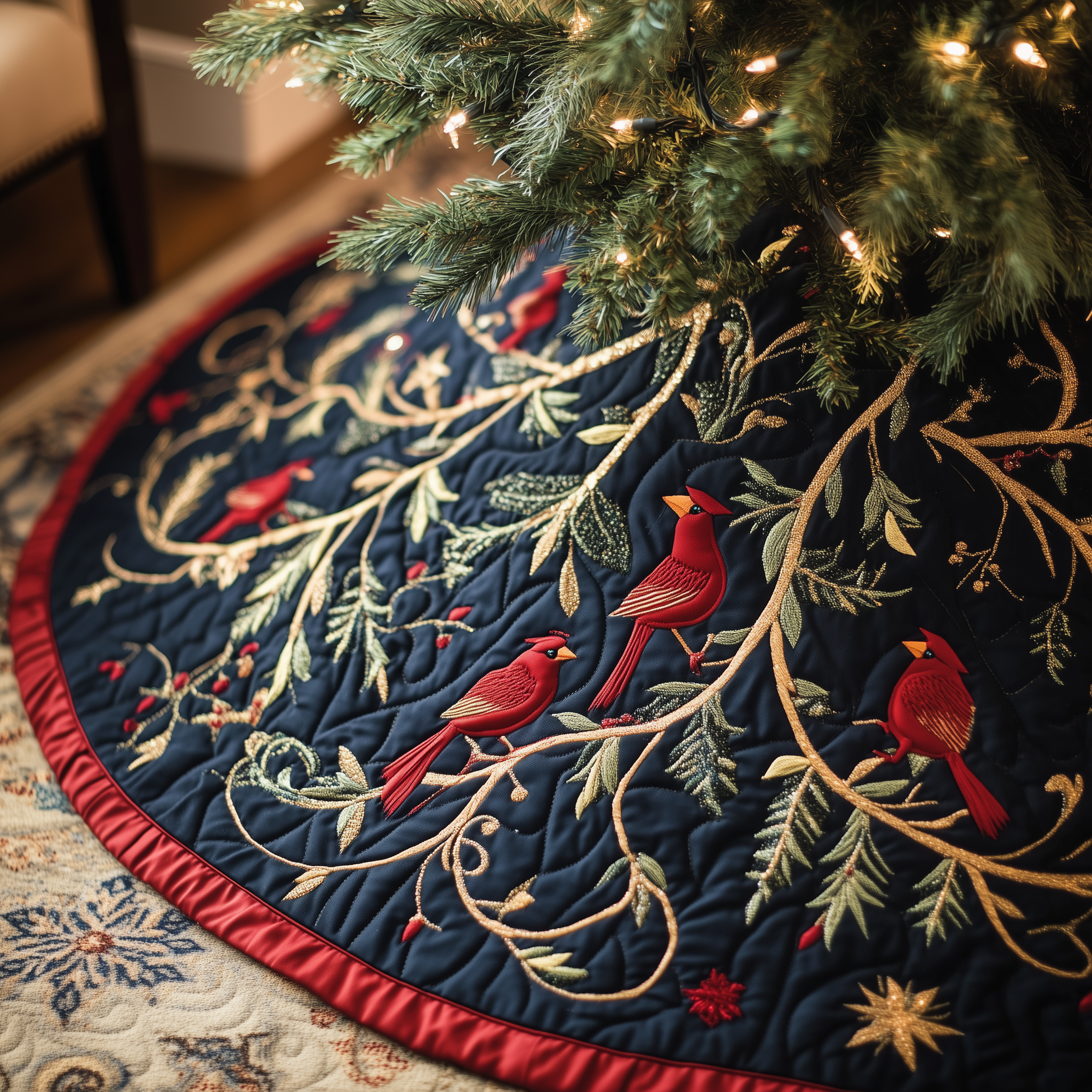 Red Cardinal Quilted Tree Skirt Xmas Tree Base Cover Christmas Decorations Cardinal Themed Gifts