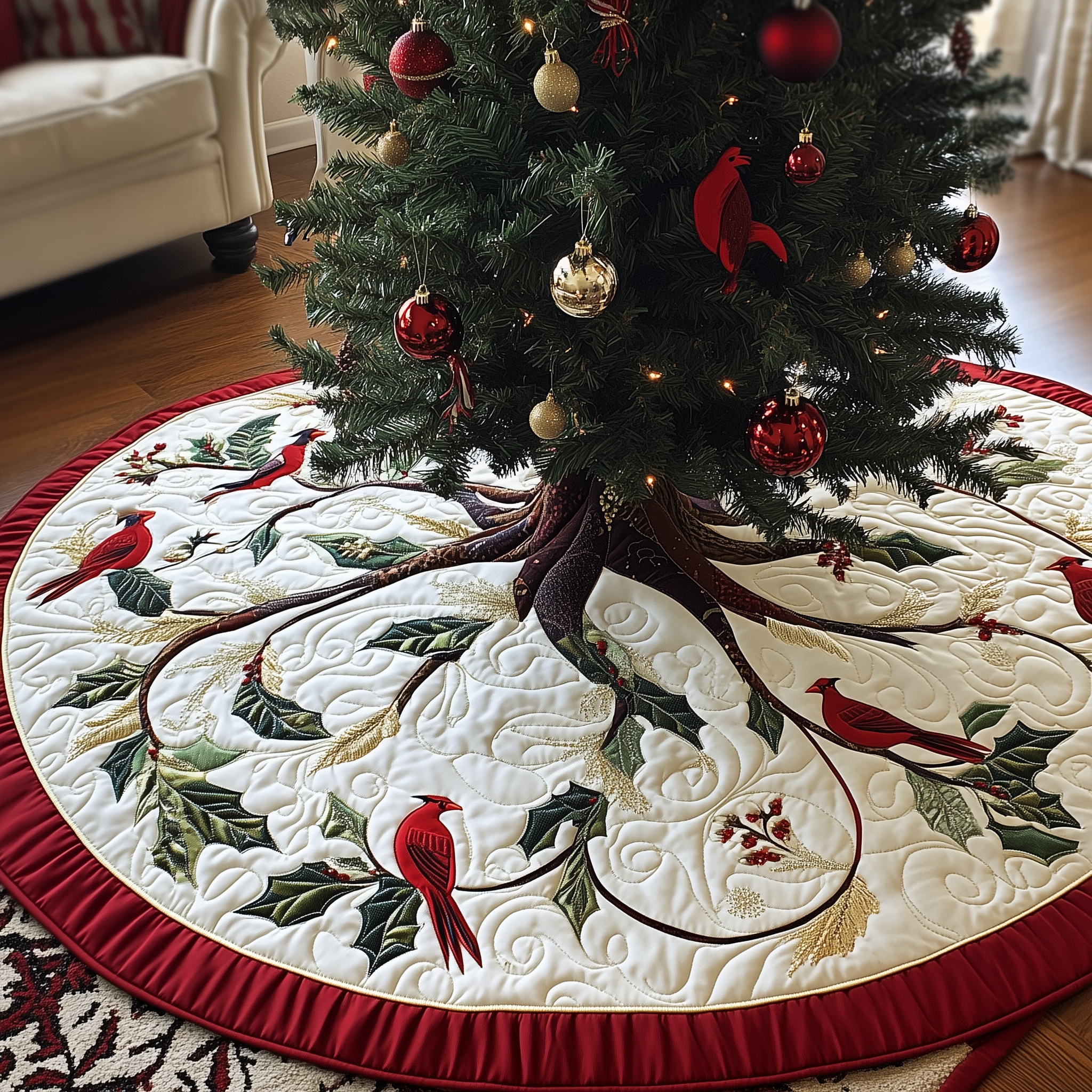 Red Cardinal Quilted Tree Skirt Xmas Tree Base Cover Christmas Decorations Cardinal Themed Gifts