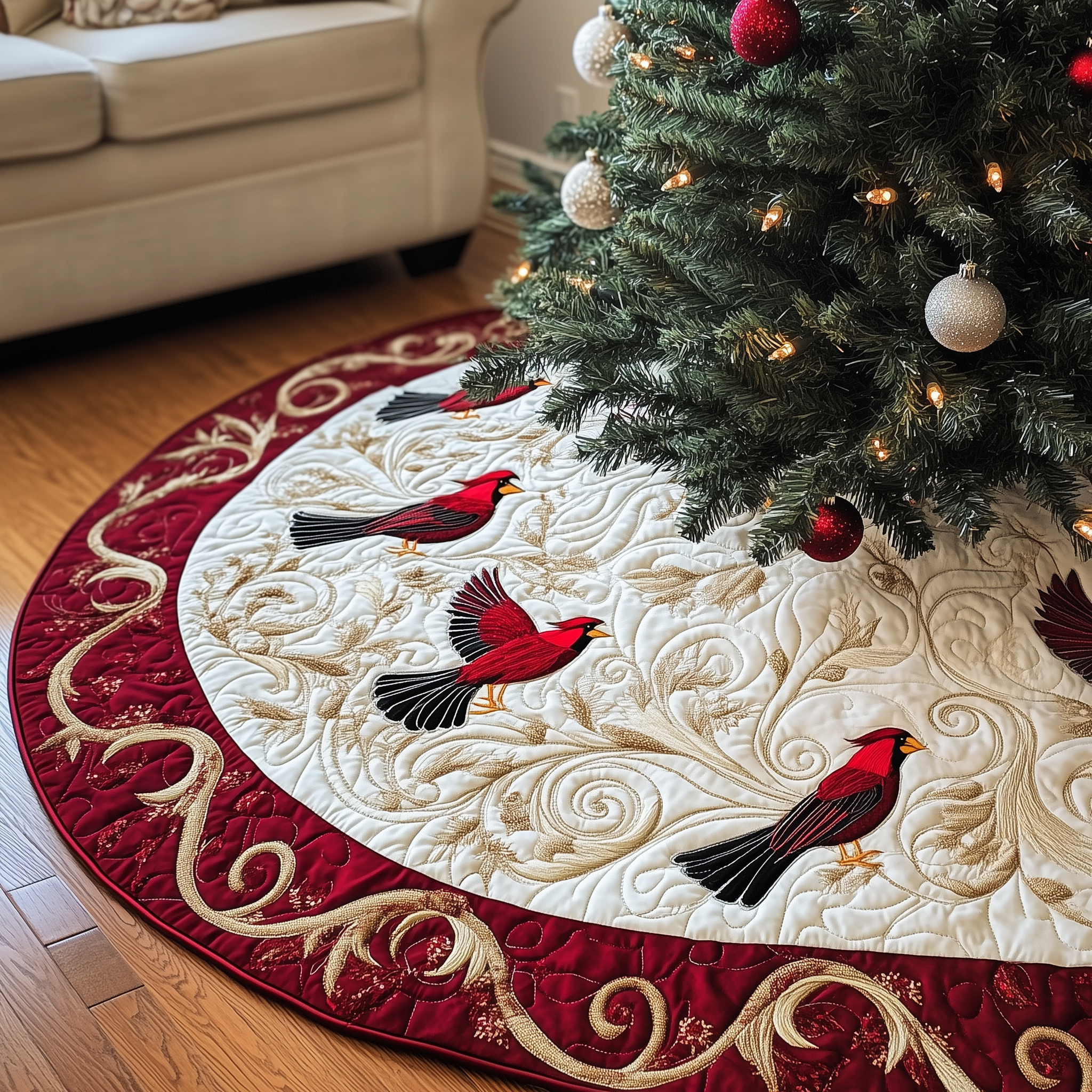 Red Cardinal Quilted Tree Skirt Xmas Tree Base Cover Christmas Decorations Cardinal Themed Gifts
