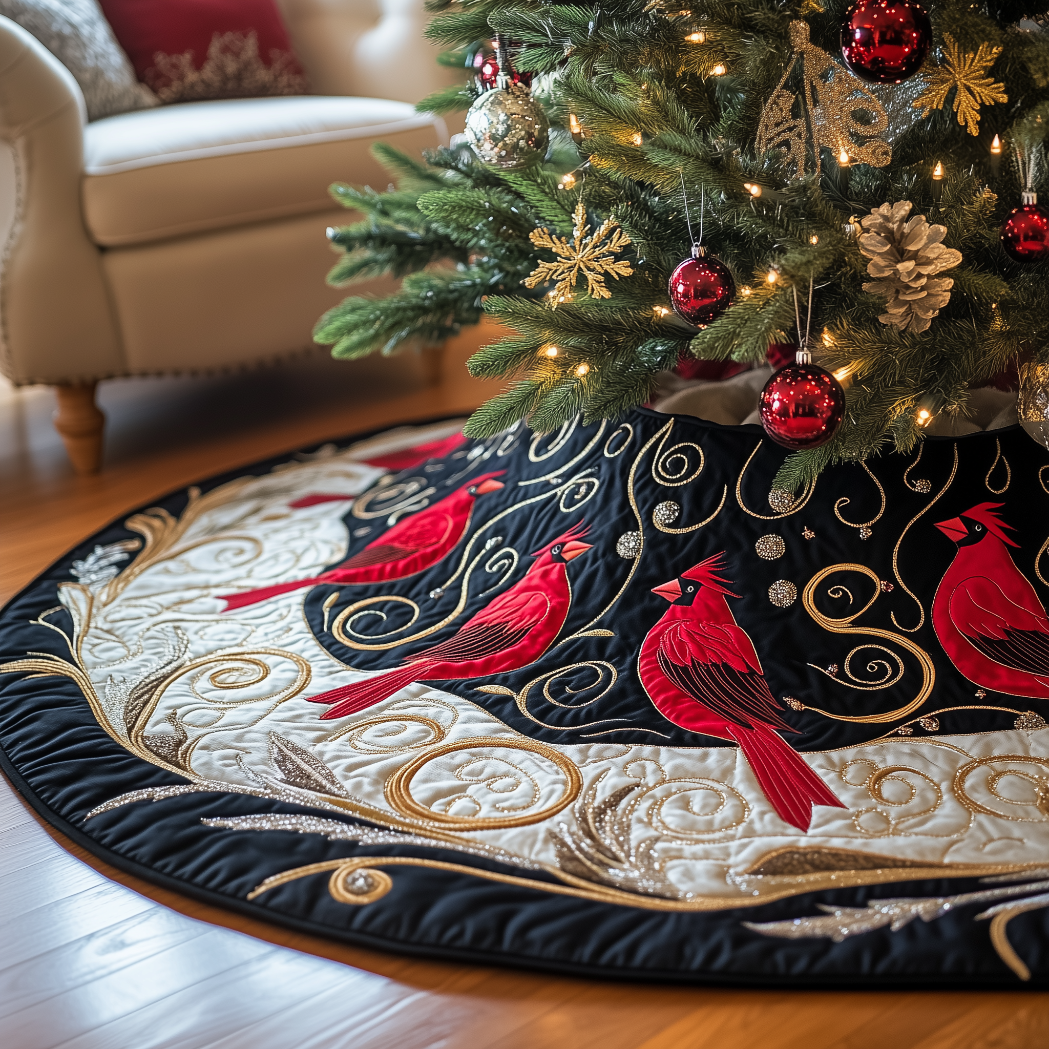 Red Cardinal Quilted Tree Skirt Xmas Tree Base Cover Christmas Decorations Cardinal Themed Gifts