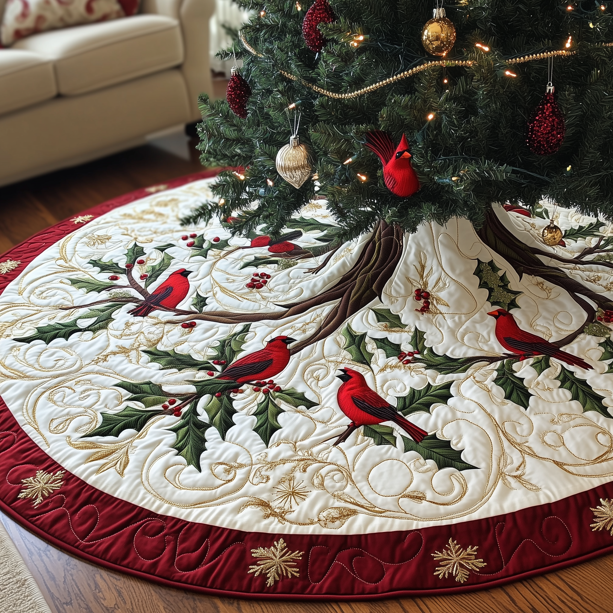 Red Cardinal Quilted Tree Skirt Xmas Tree Base Cover Christmas Decorations Cardinal Themed Gifts