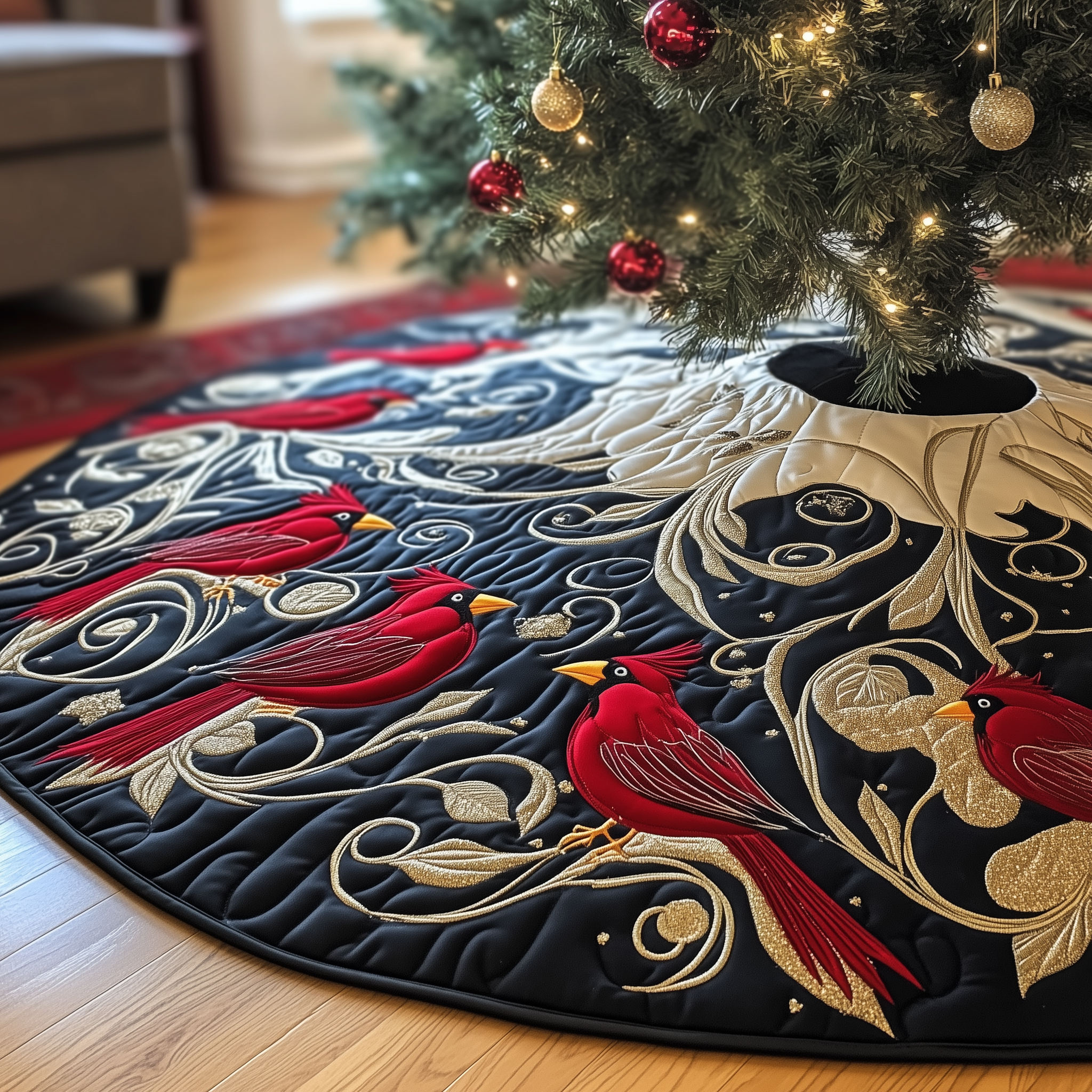 Red Cardinal Quilted Tree Skirt Xmas Tree Surround Decorations Cardinal Gifts For Christmas