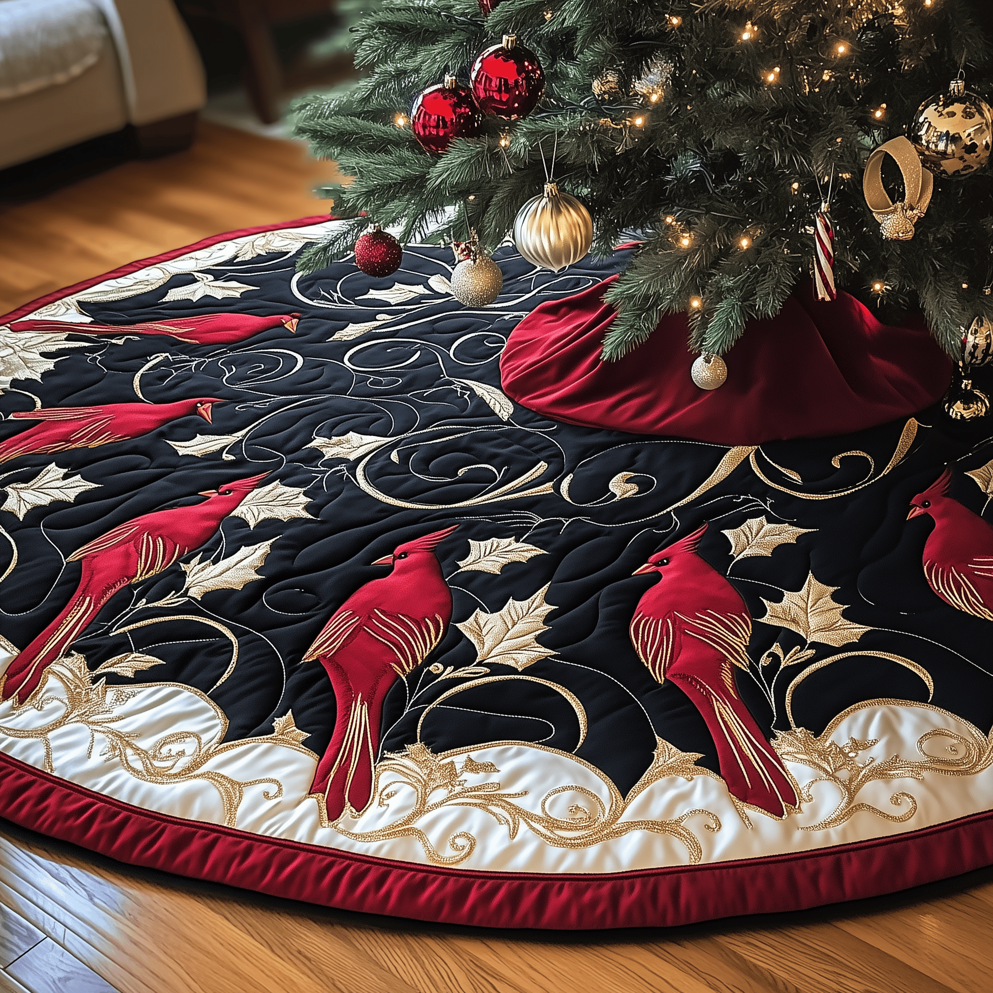 Red Cardinal Quilted Tree Skirt Xmas Tree Surround Decorations Cardinal Gifts For Christmas
