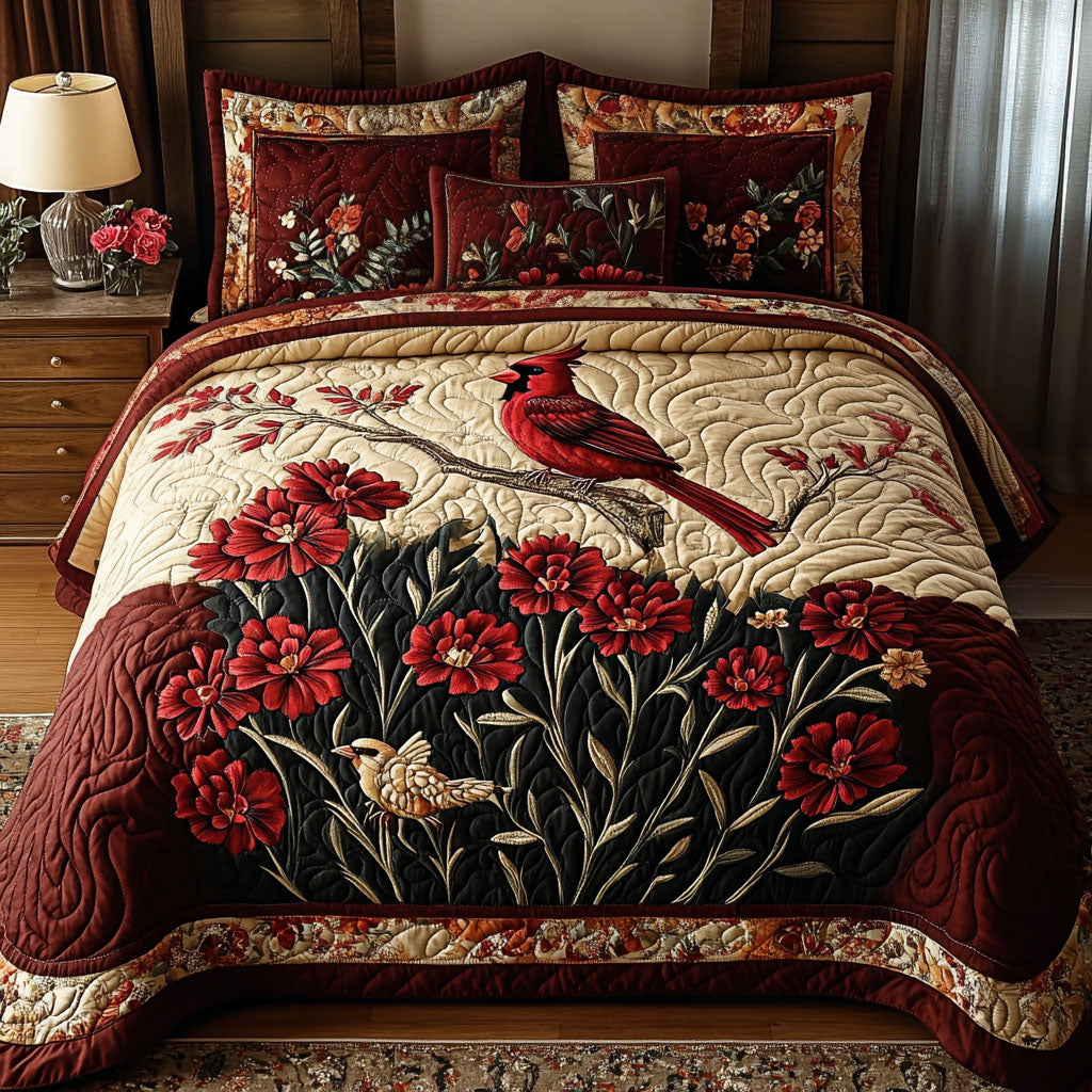 Red Carnations of Buckeye State Quilted Bedding Set Cute Bedroom Decor Unique Cardinal Gift Ideas