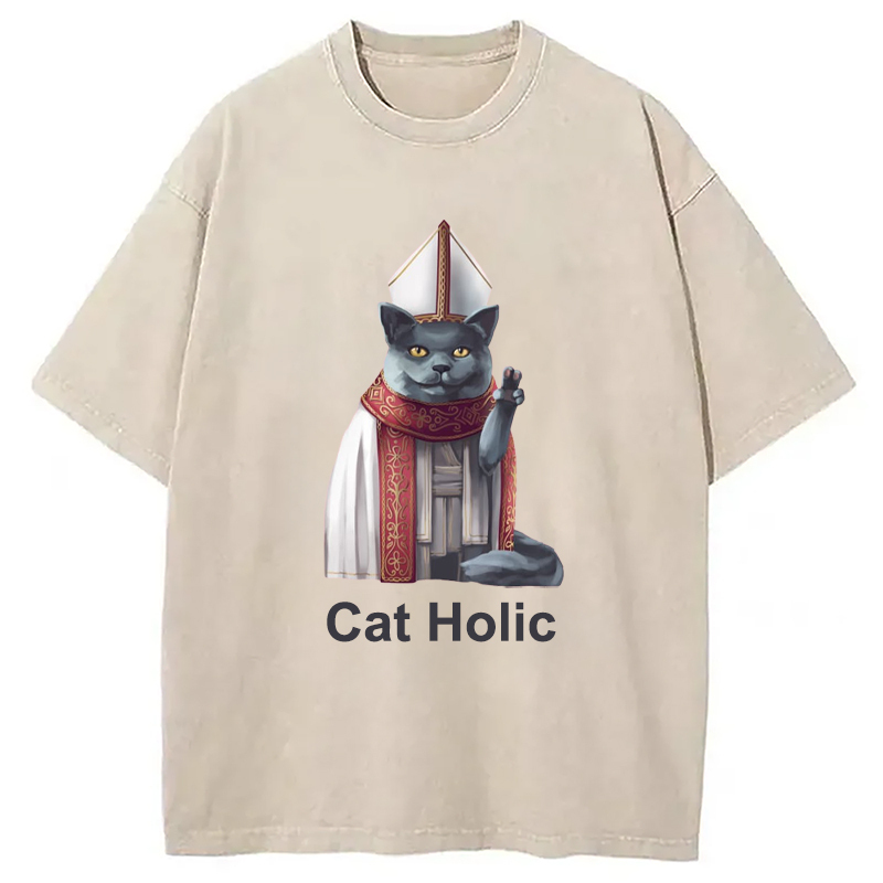 Red Cat Holic Washed T-Shirt Retro Humor Outfit Idea Gifts For Best Friend